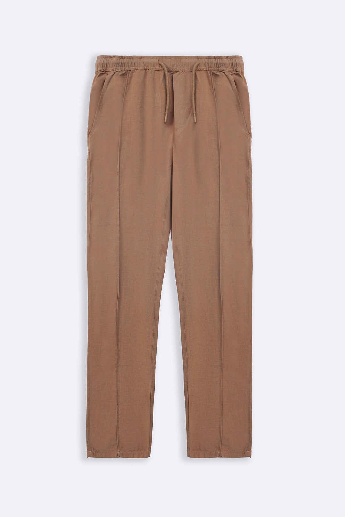 Khaki Tapered Elastic Waist Pants with Drawcord - Regular Hand Feel