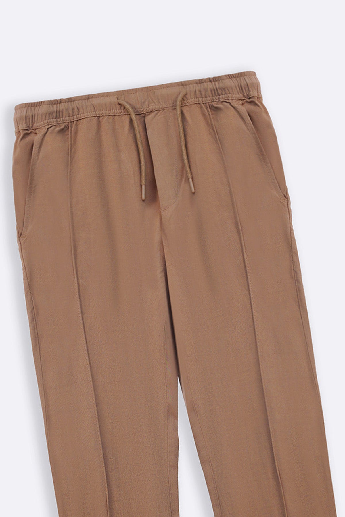 Khaki Tapered Elastic Waist Pants with Drawcord - Regular Hand Feel