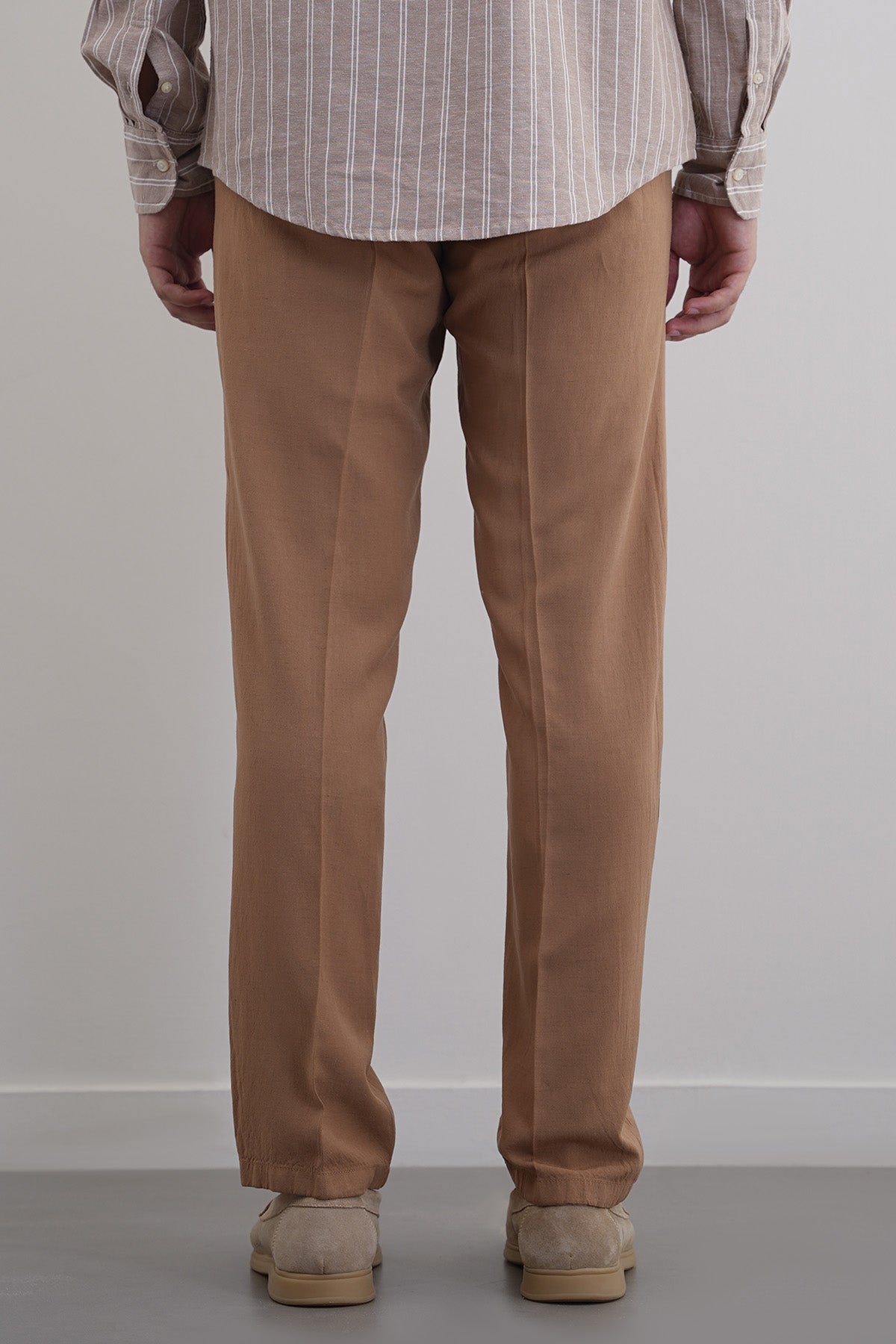 Khaki Tapered Elastic Waist Pants with Drawcord - Regular Hand Feel