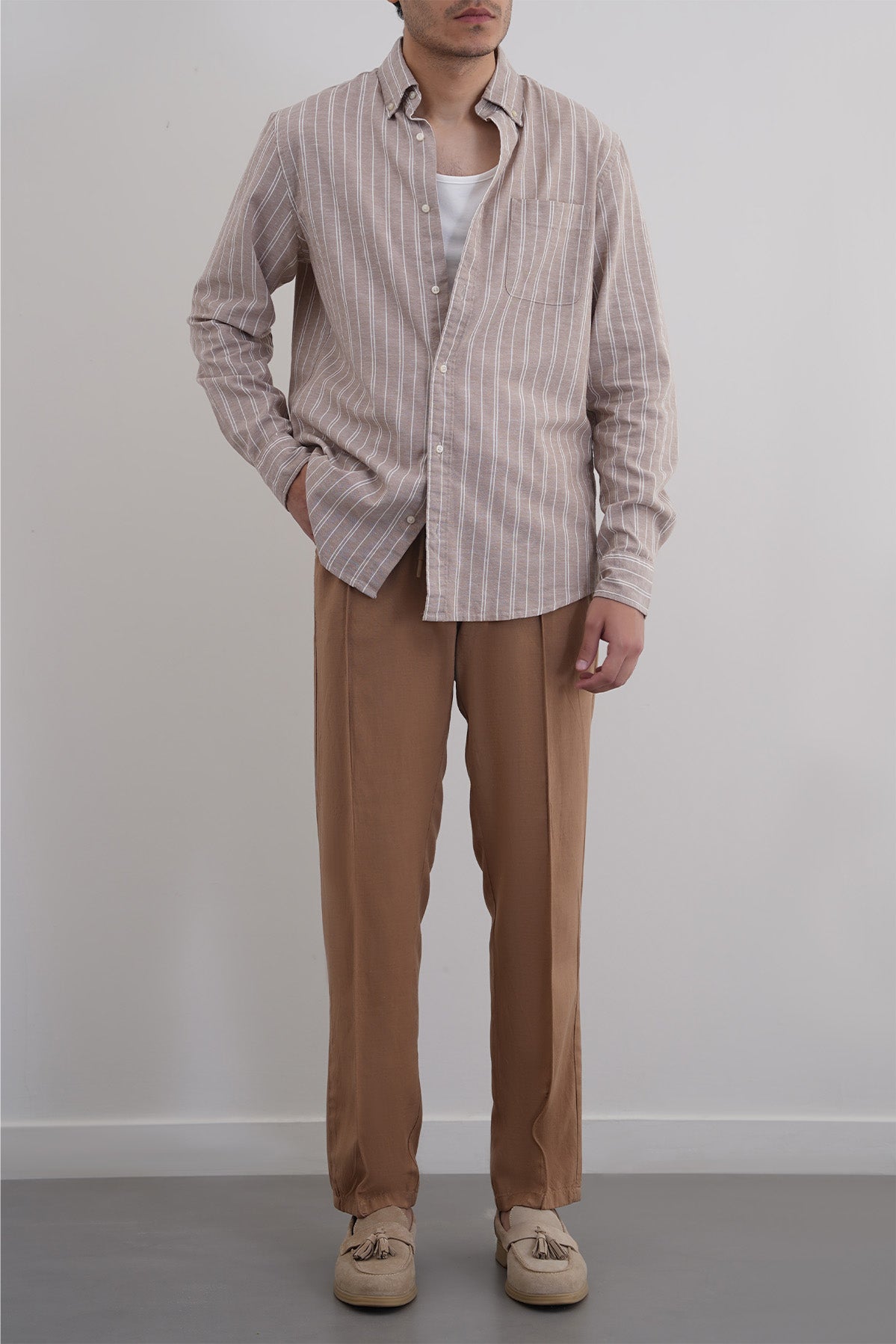 Khaki Tapered Elastic Waist Pants with Drawcord - Regular Hand Feel