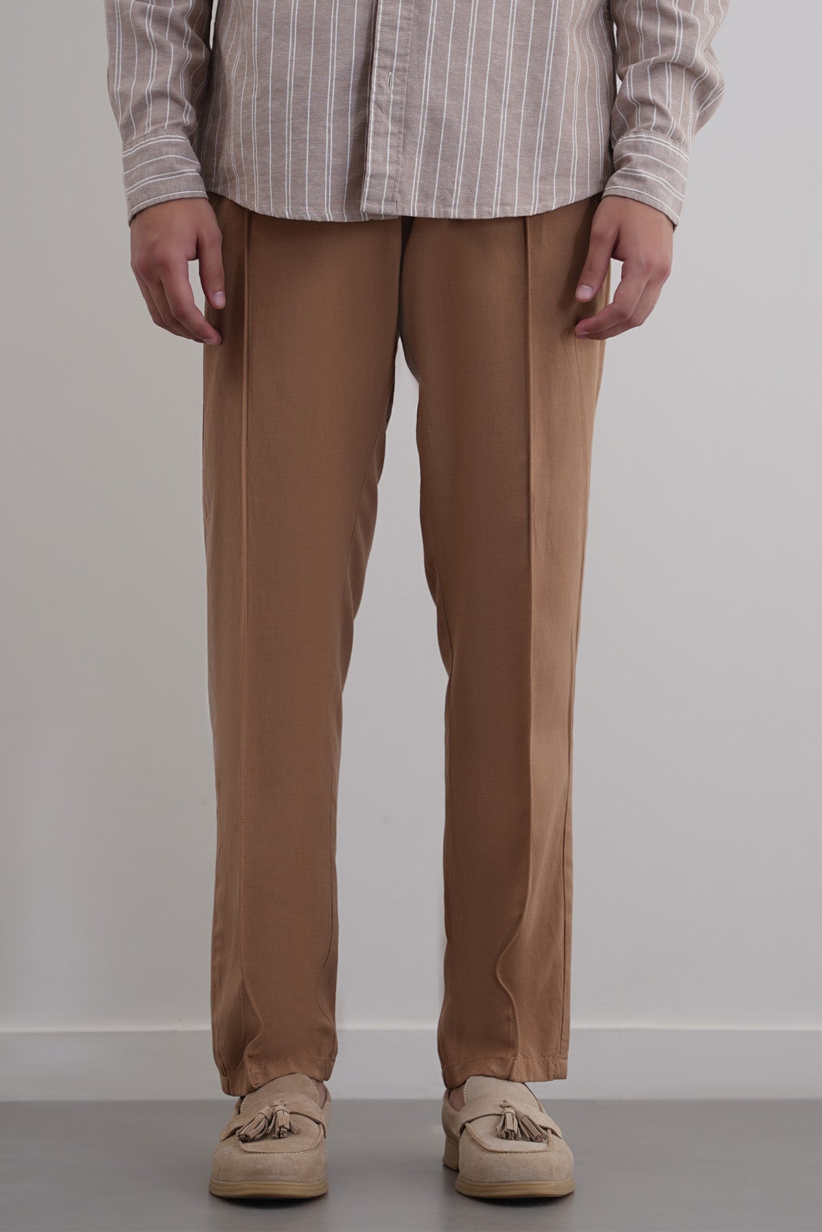 Khaki Tapered Elastic Waist Pants with Drawcord - Regular Hand Feel