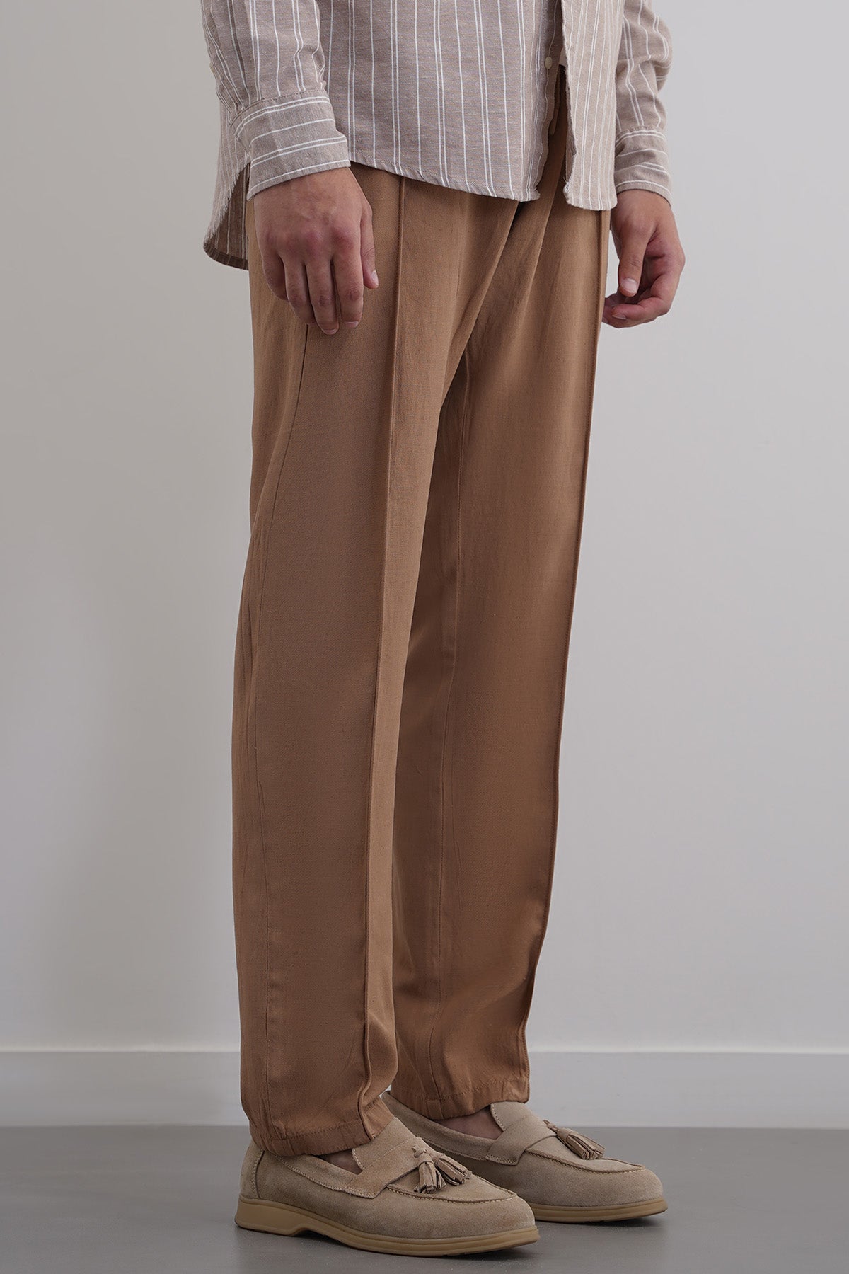 Khaki Tapered Elastic Waist Pants with Drawcord - Regular Hand Feel