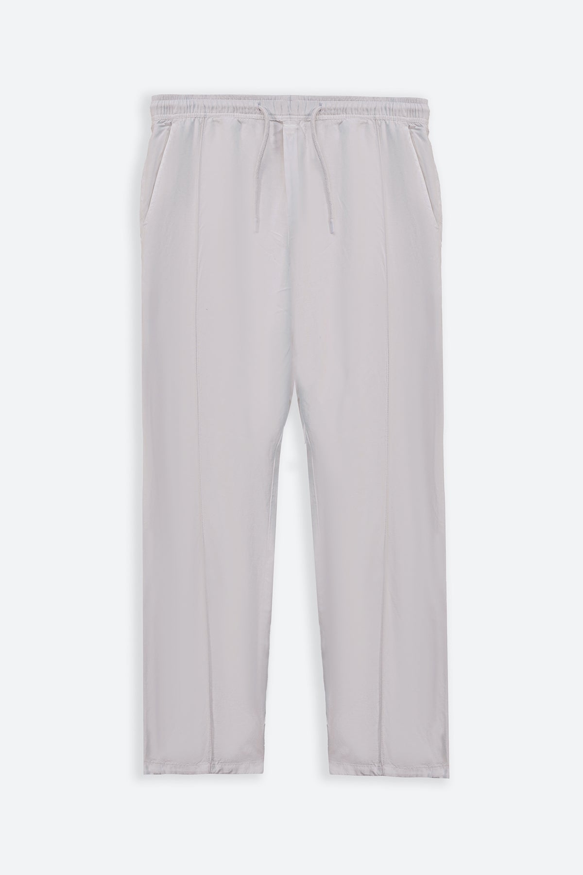 White Tapered Elastic Waist Pants with Drawcord - Regular Hand Feel