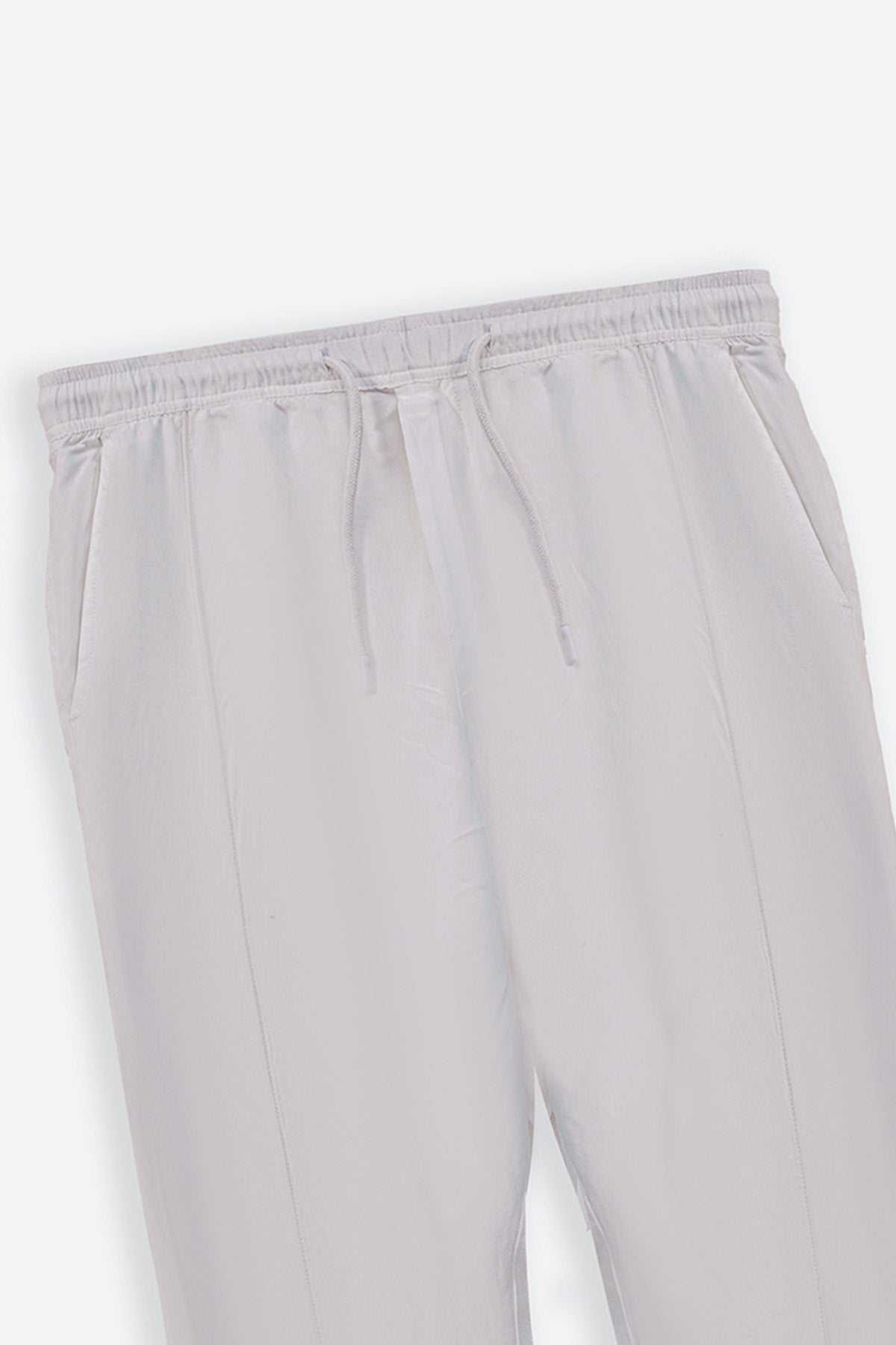 White Tapered Elastic Waist Pants with Drawcord - Regular Hand Feel