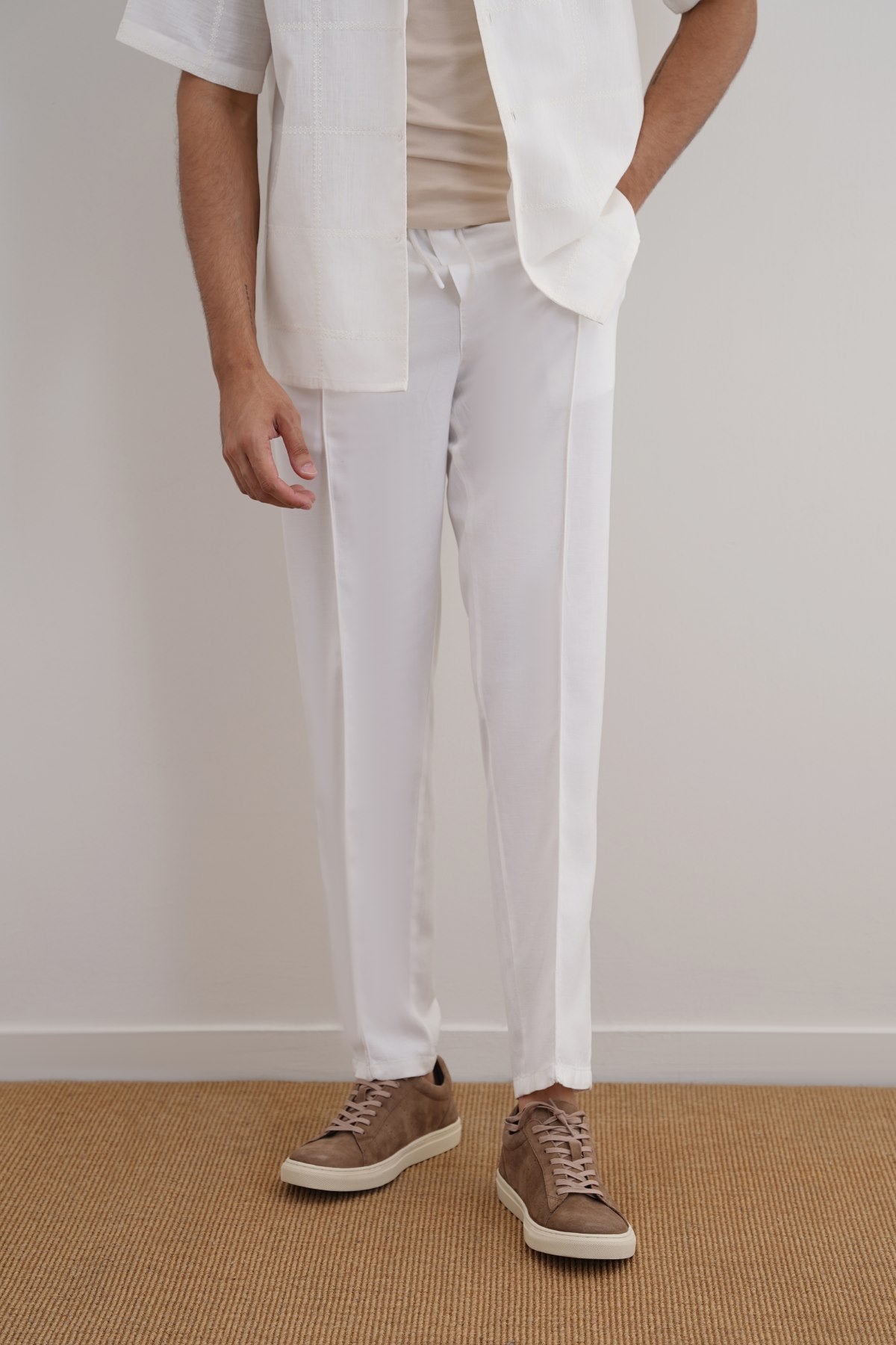 White Tapered Elastic Waist Pants with Drawcord - Regular Hand Feel