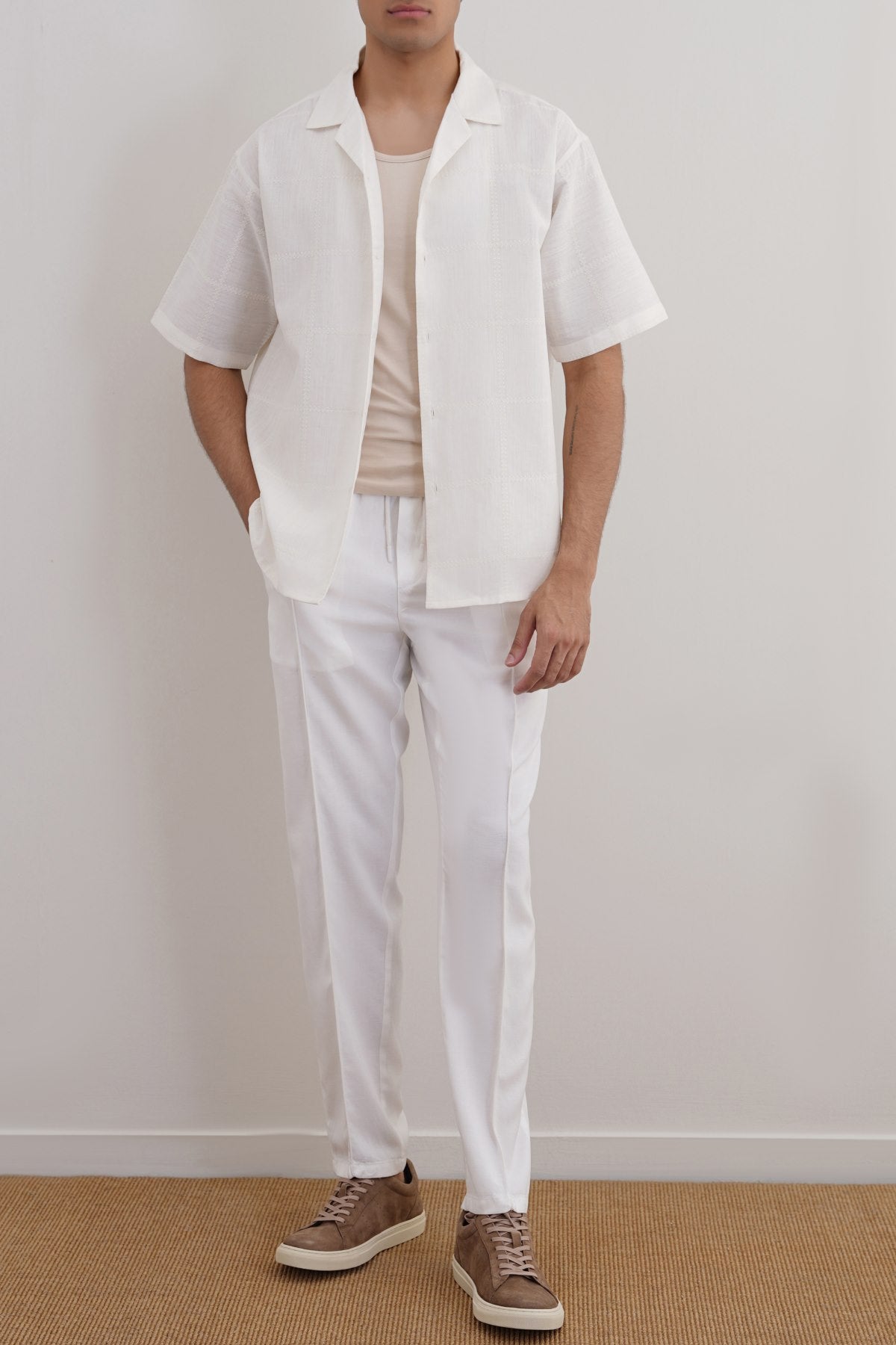 White Tapered Elastic Waist Pants with Drawcord - Regular Hand Feel