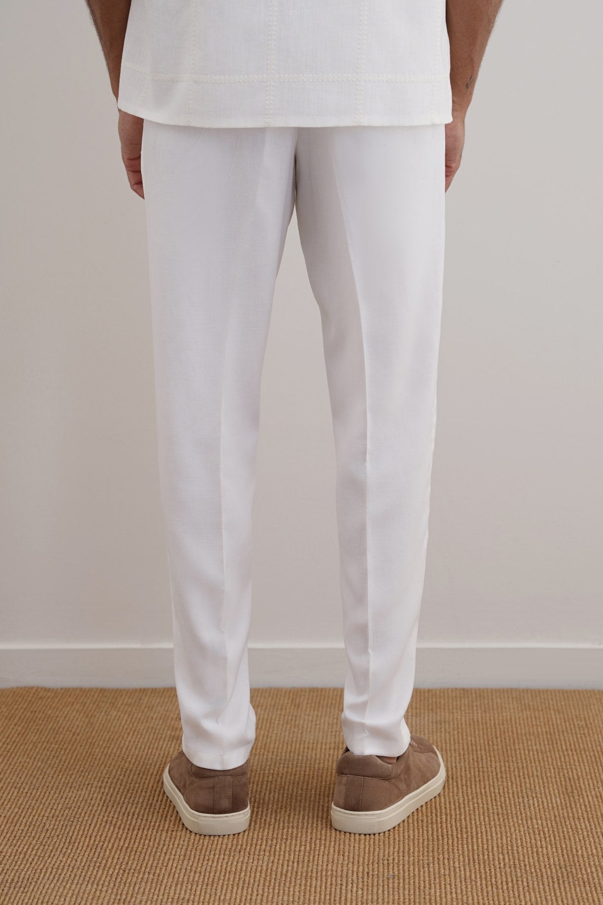 White Tapered Elastic Waist Pants with Drawcord - Regular Hand Feel