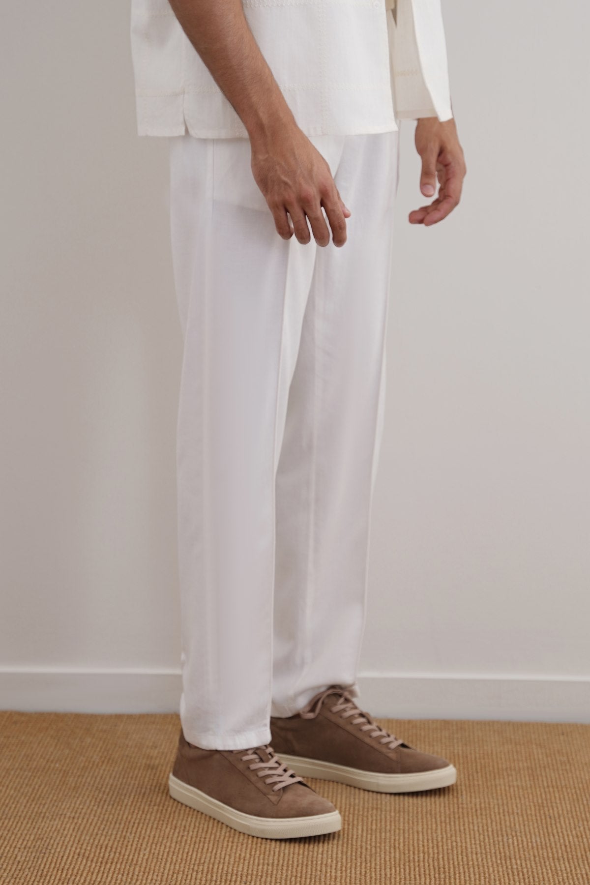 White Tapered Elastic Waist Pants with Drawcord - Regular Hand Feel