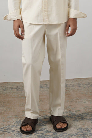 Ecru Textured Canvas Pleated Trousers - Regular Straight Fit