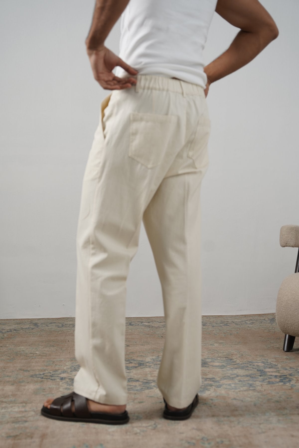Ecru Textured Canvas Pleated Trousers - Regular Straight Fit