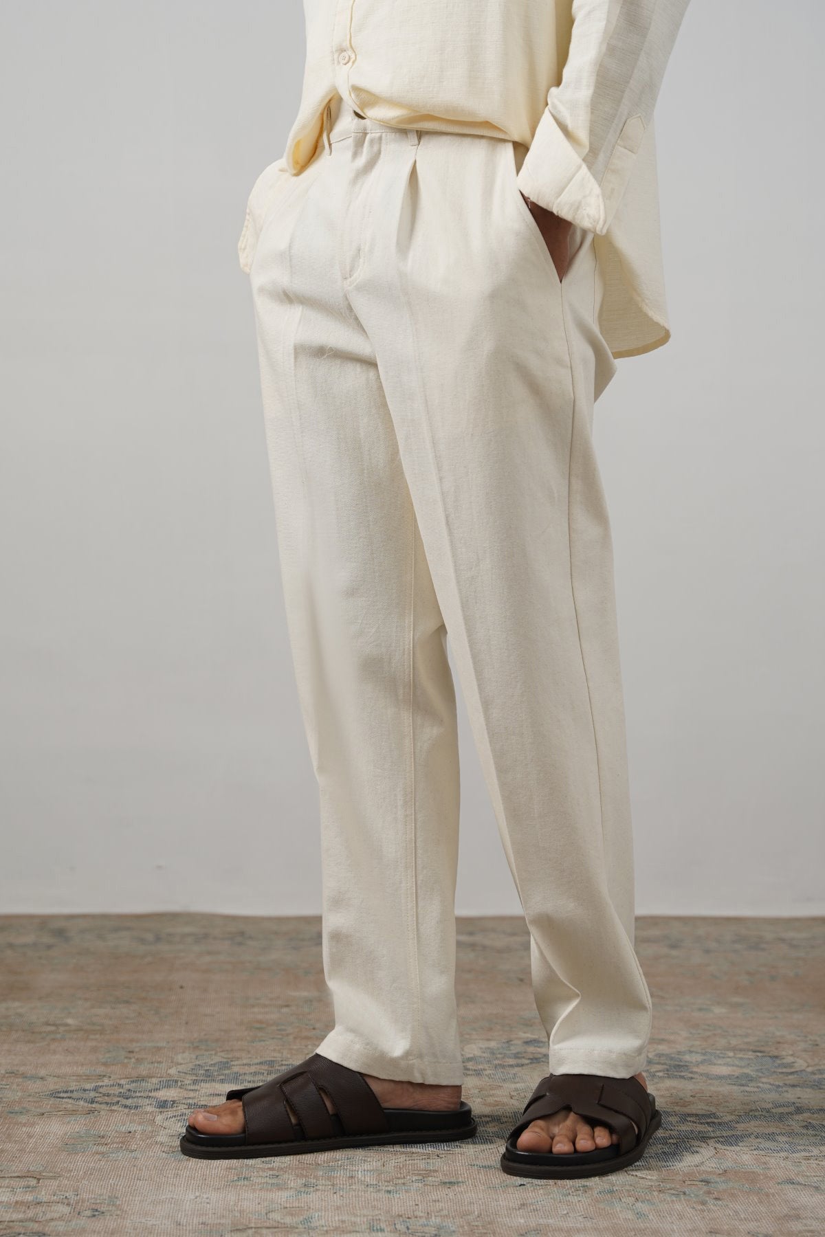Ecru Textured Canvas Pleated Trousers - Regular Straight Fit