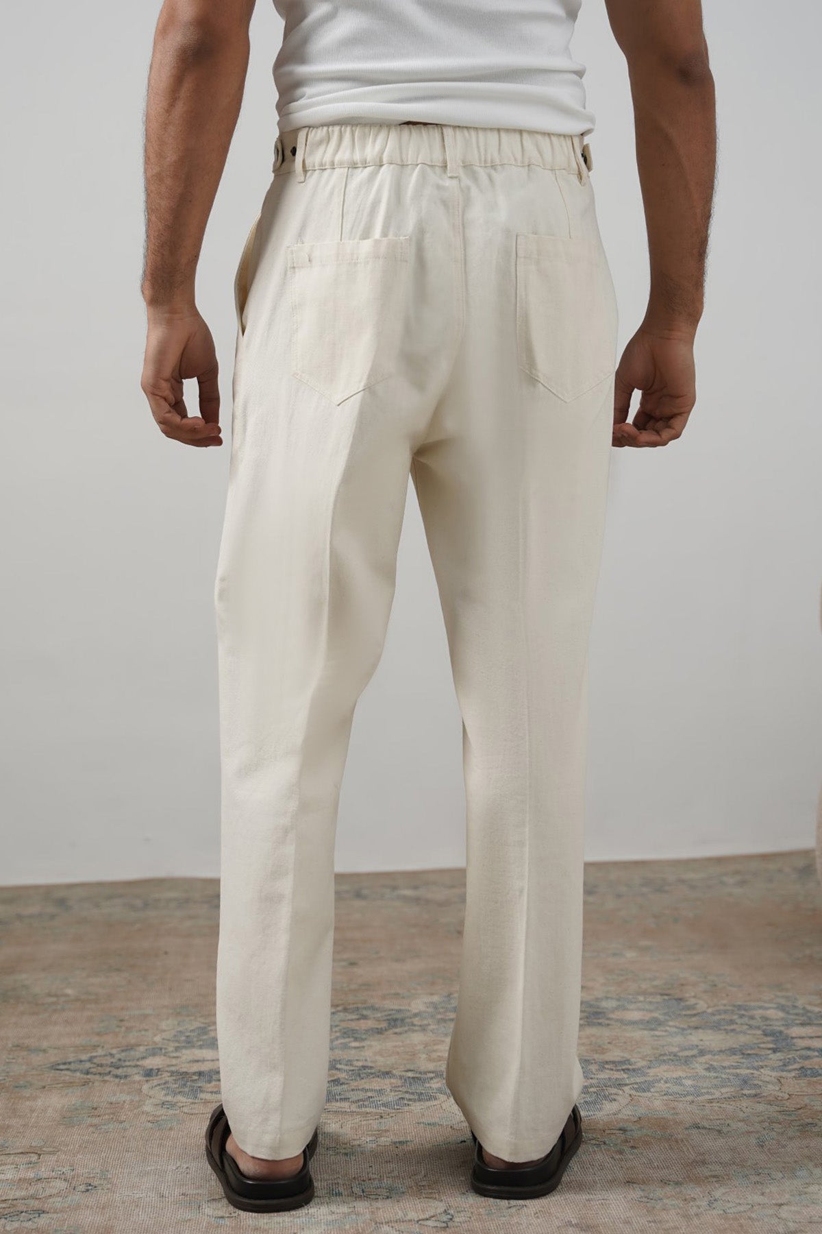 Ecru Textured Canvas Pleated Trousers - Regular Straight Fit