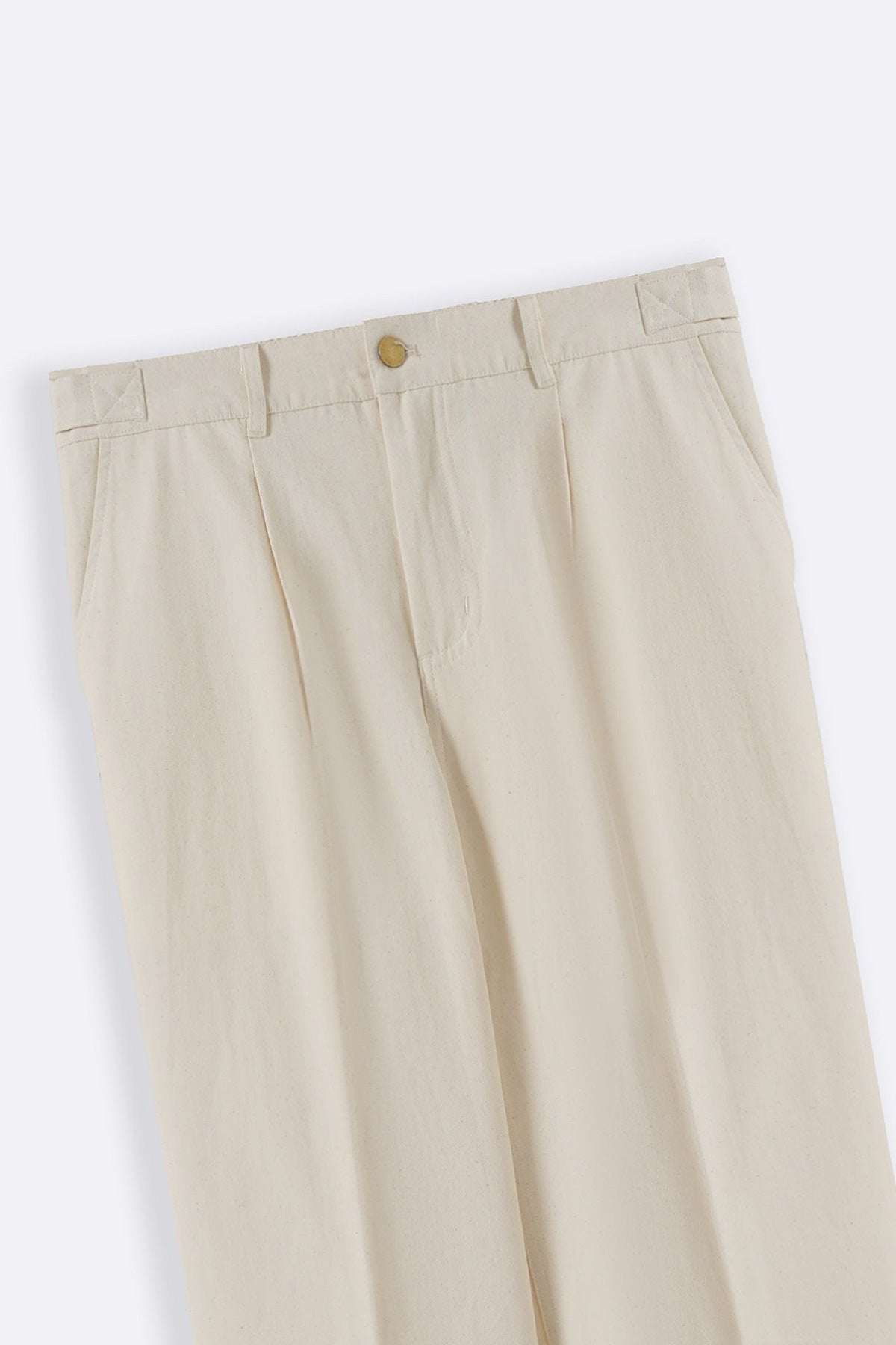 Ecru Textured Canvas Pleated Trousers - Regular Straight Fit