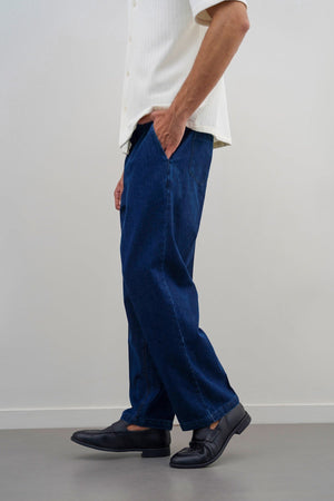 Indigo Textured Regular Straight Canvas Pleated Trousers