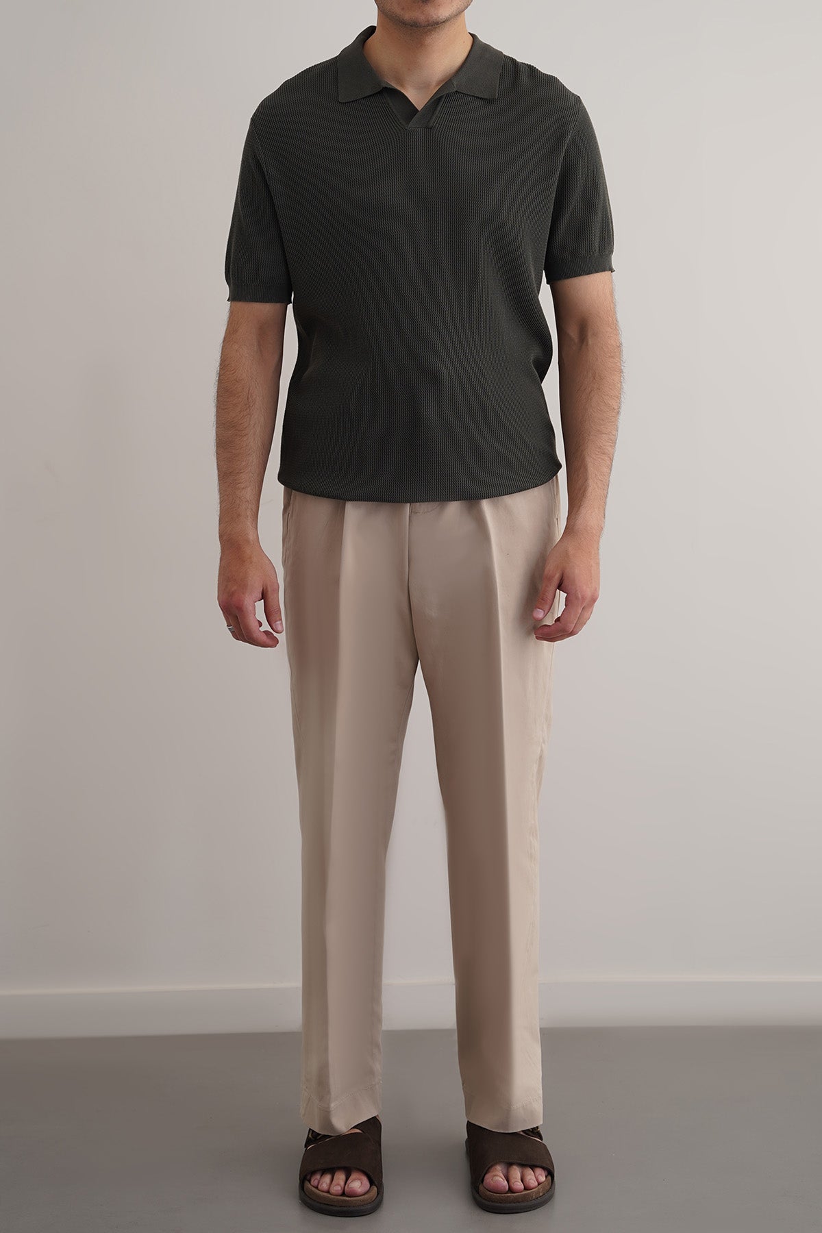 Beige Regular Fit Pleated Pants with Elastic Waistband