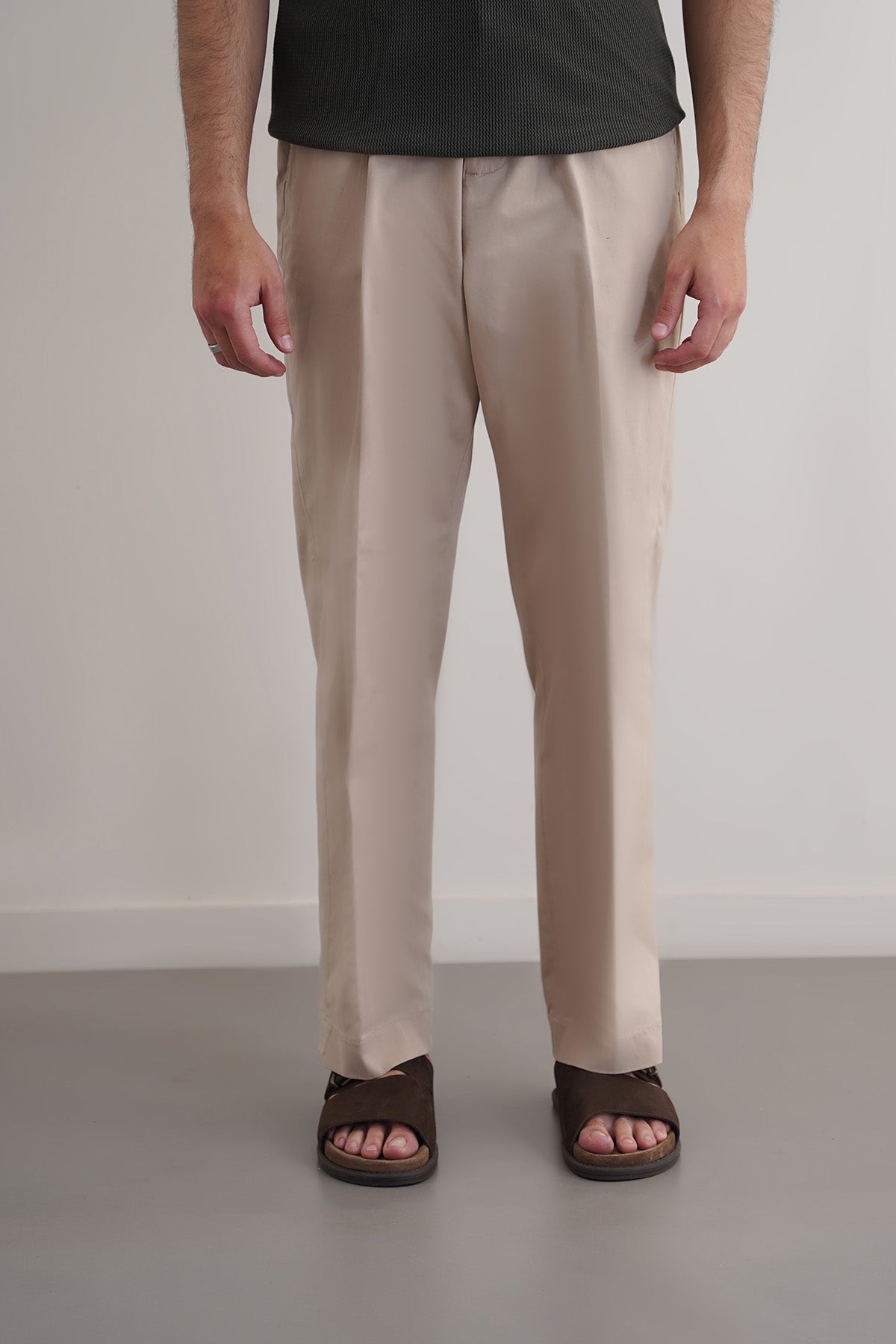 Beige Regular Fit Pleated Pants with Elastic Waistband