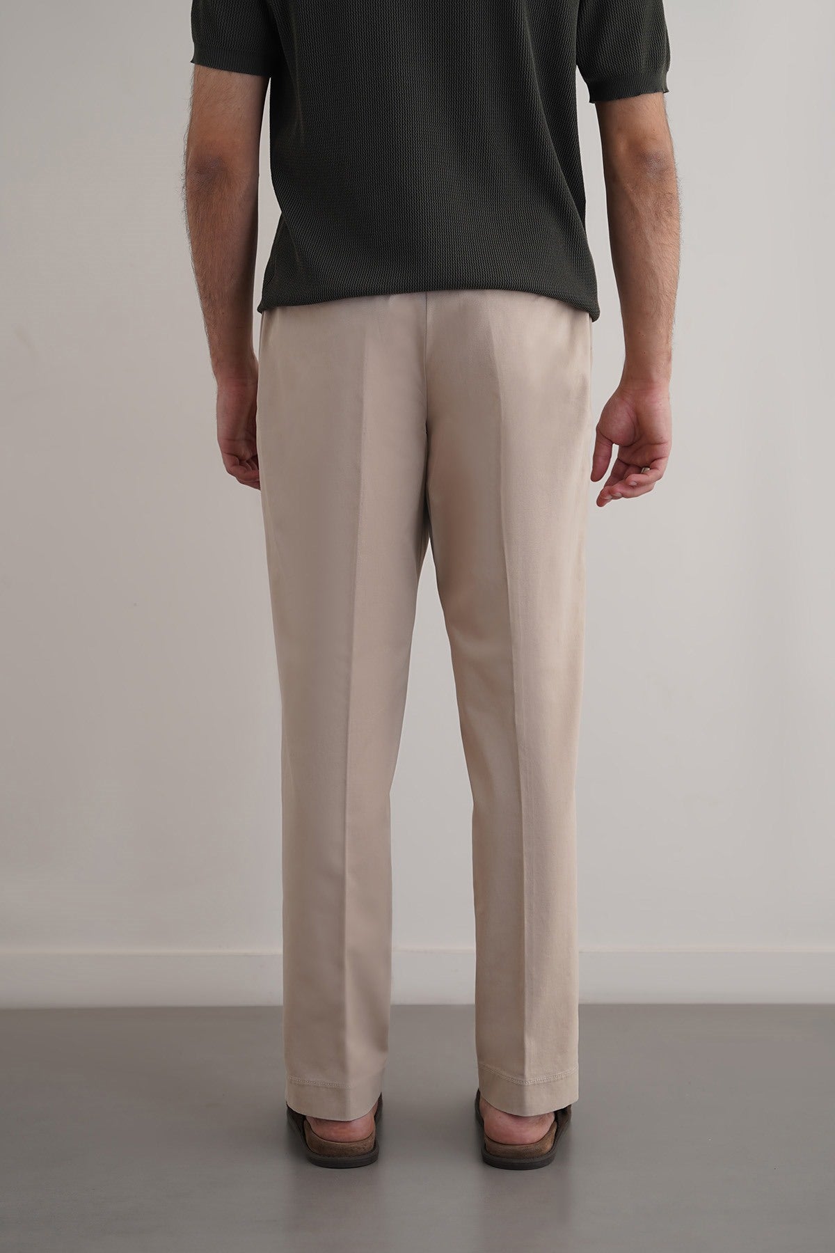 Beige Regular Fit Pleated Pants with Elastic Waistband