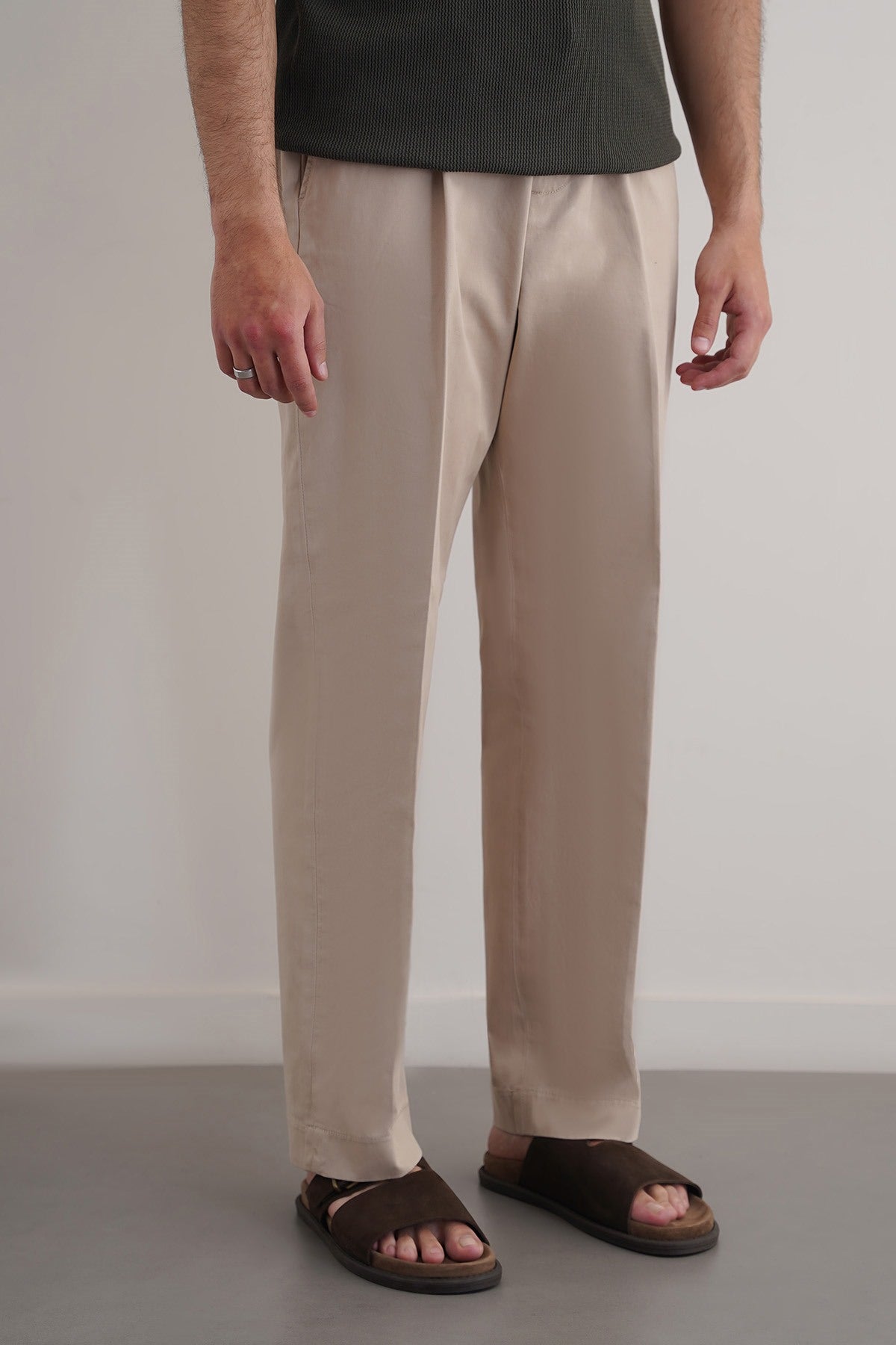 Beige Regular Fit Pleated Pants with Elastic Waistband