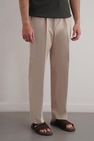 Beige Regular Fit Pleated Pants with Elastic Waistband