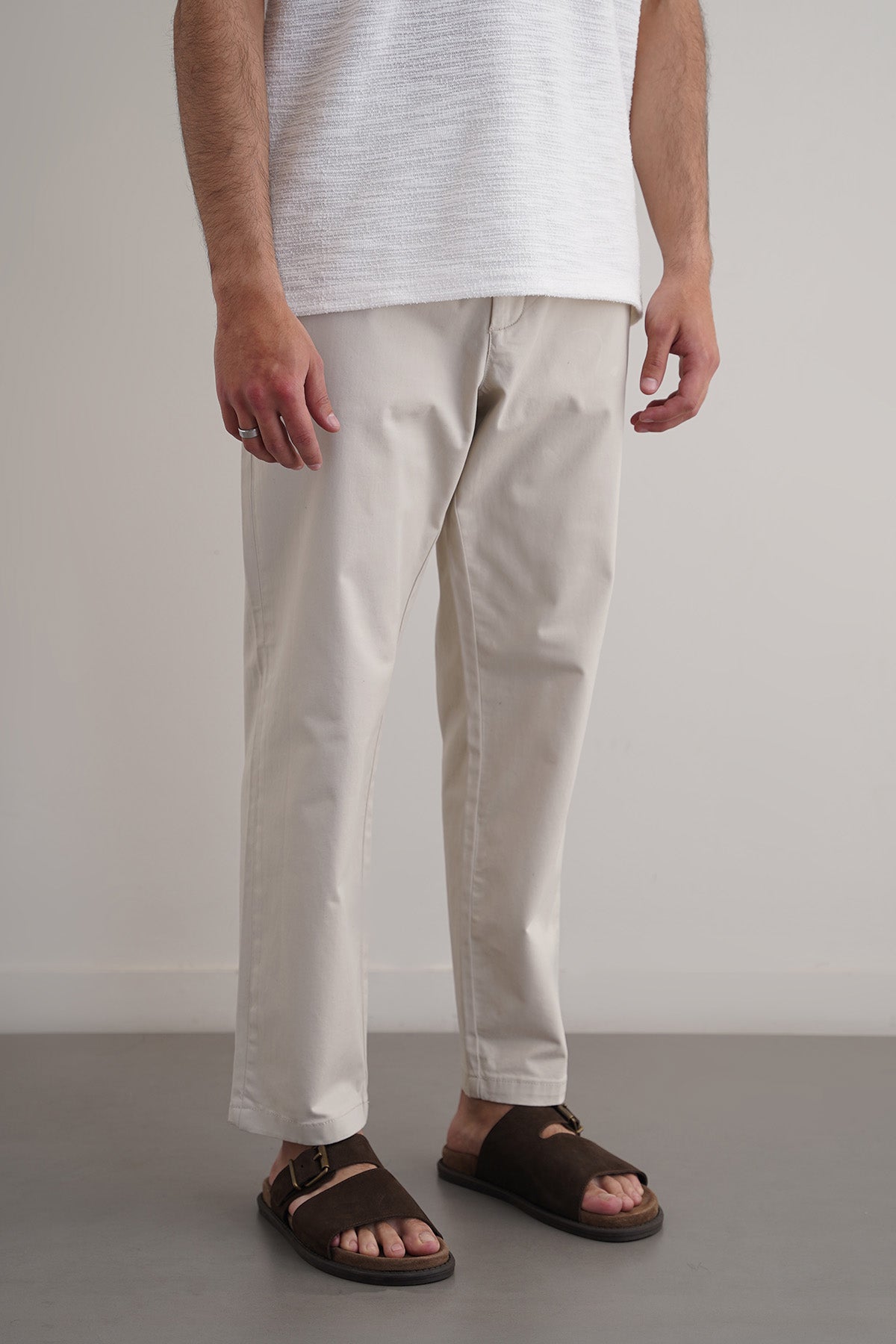 Ecru Tapered Fit Chinos with Elastic Waistband