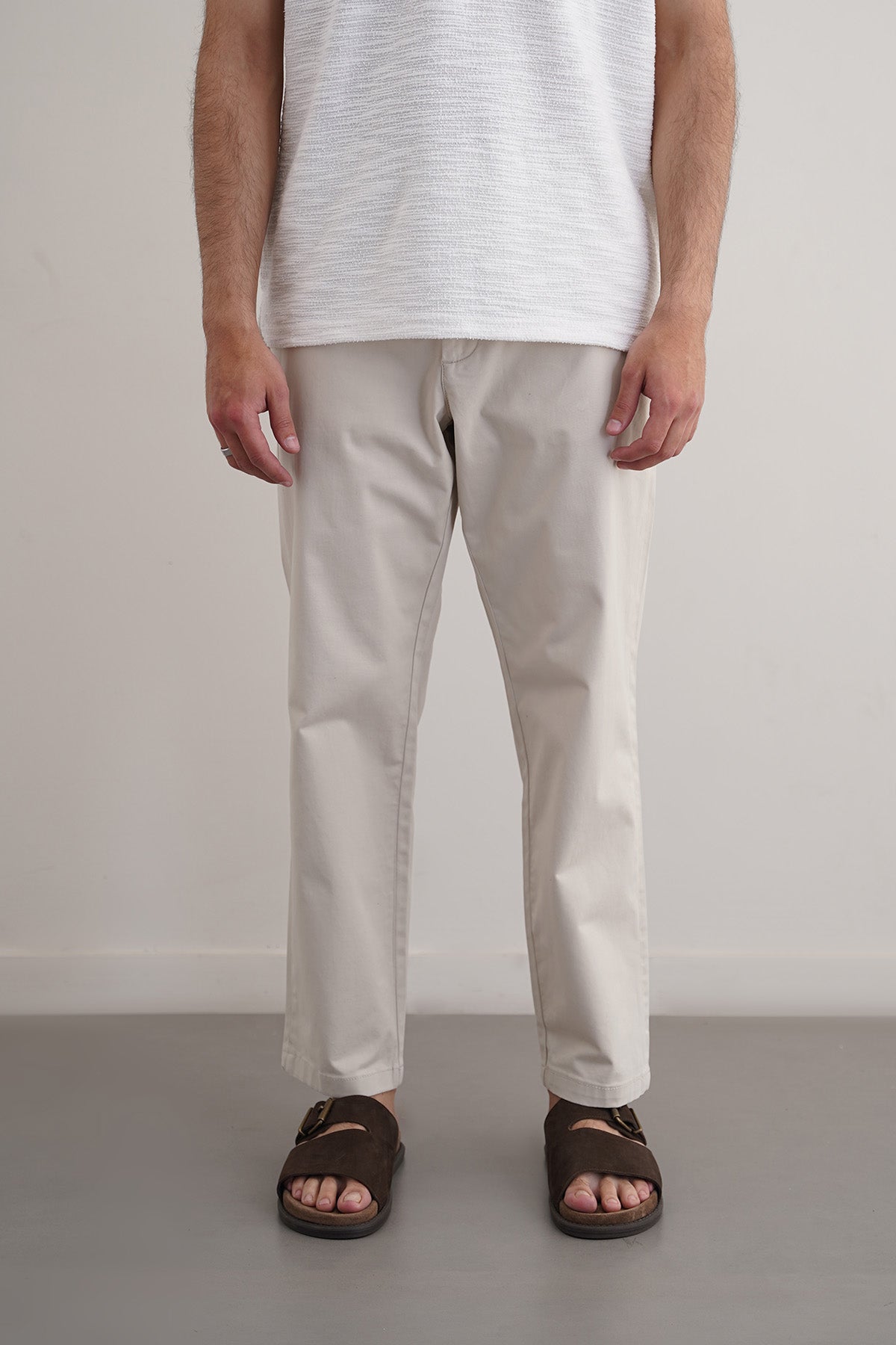 Ecru Tapered Fit Chinos with Elastic Waistband