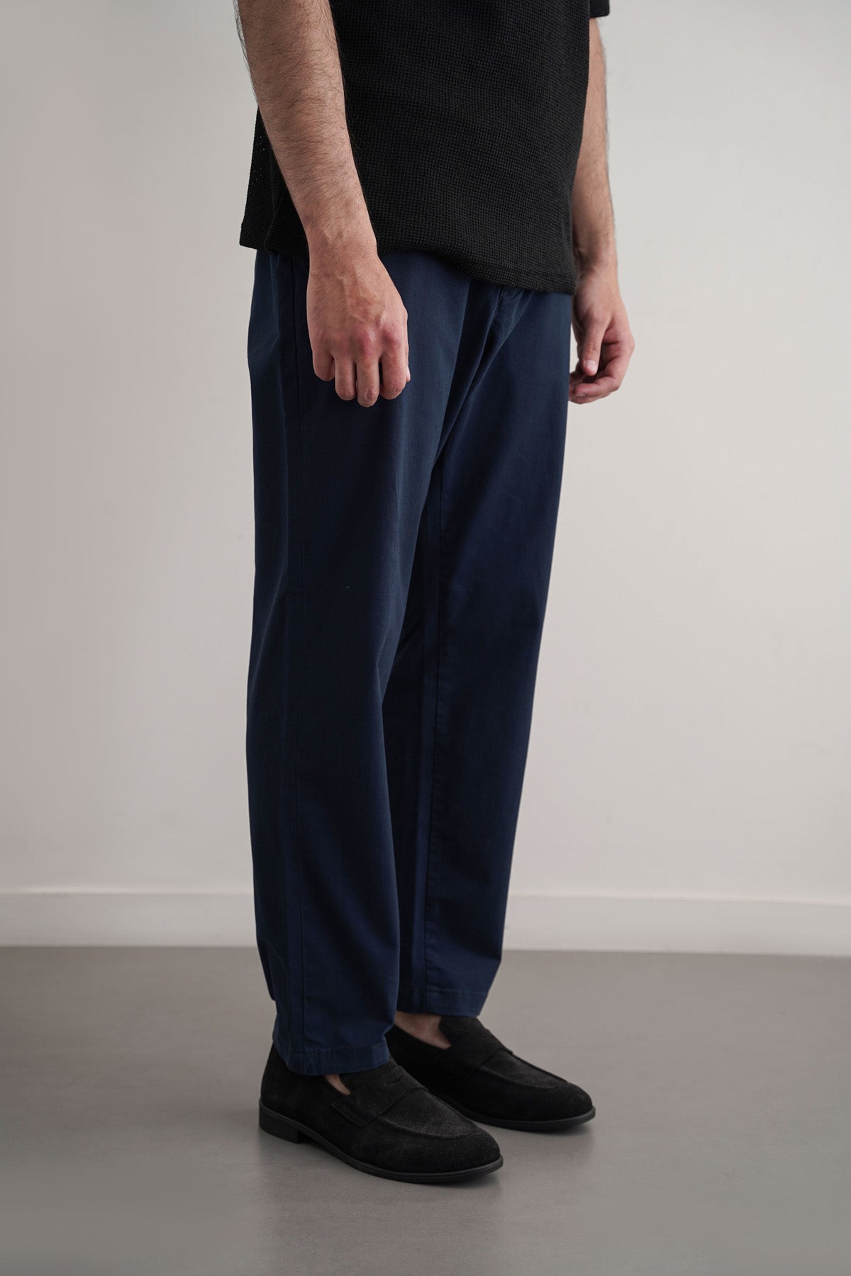 Navy Tapered Fit Chinos with Elastic Waist - Regular Hand Feel