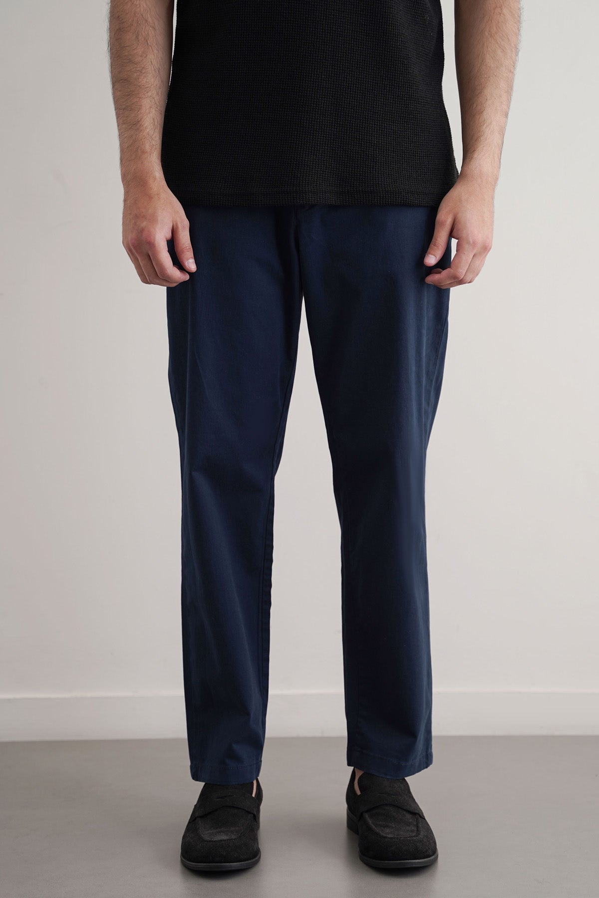 Navy Tapered Fit Chinos with Elastic Waist - Regular Hand Feel
