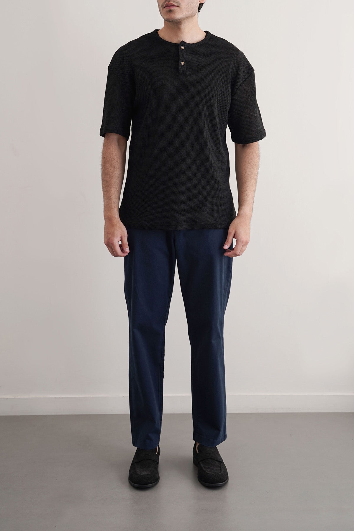 Navy Tapered Fit Chinos with Elastic Waist - Regular Hand Feel