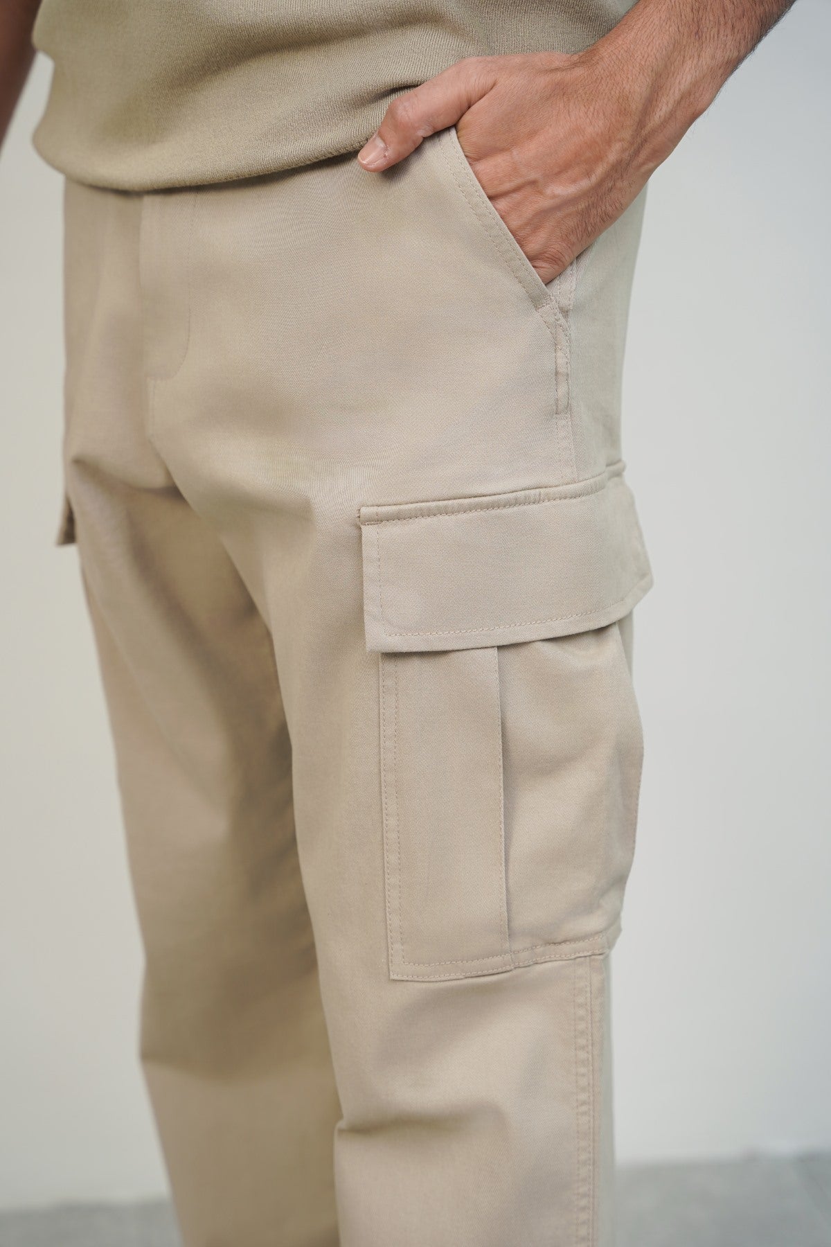 Beige Relaxed Fit Cargo Pants with Six Pockets