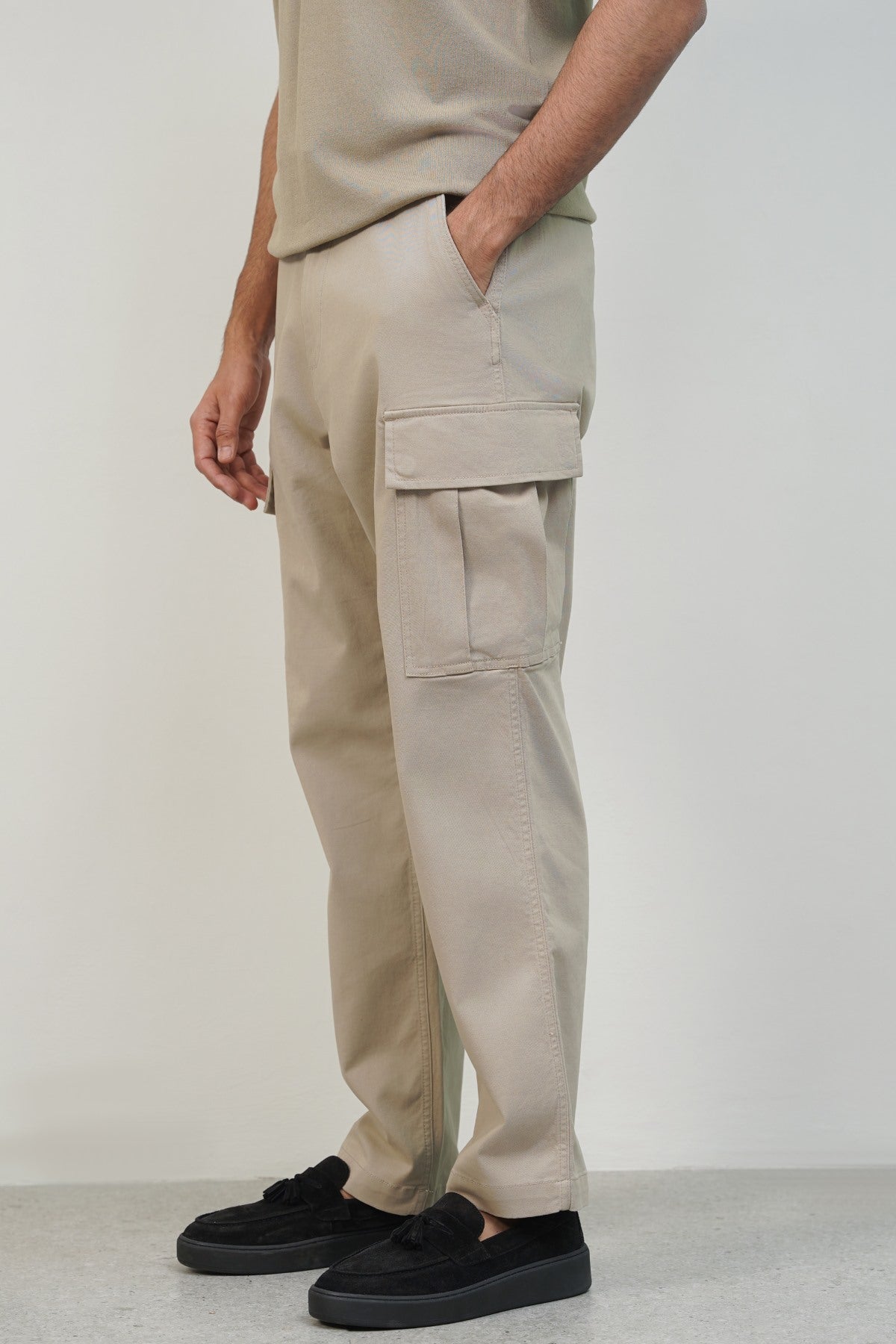 Beige Relaxed Fit Cargo Pants with Six Pockets