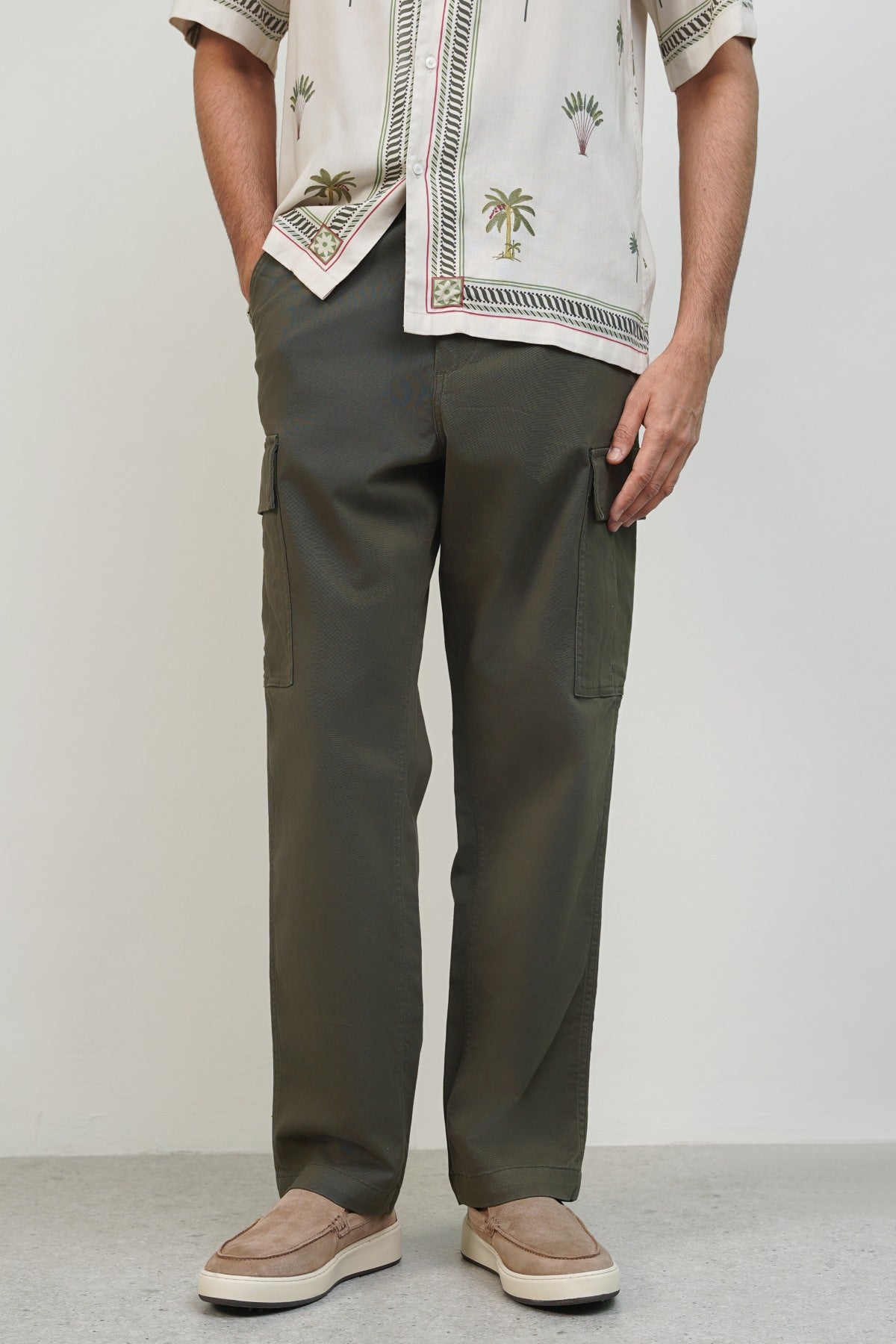 Olive Relaxed Fit Cargo Pants with Six Pockets