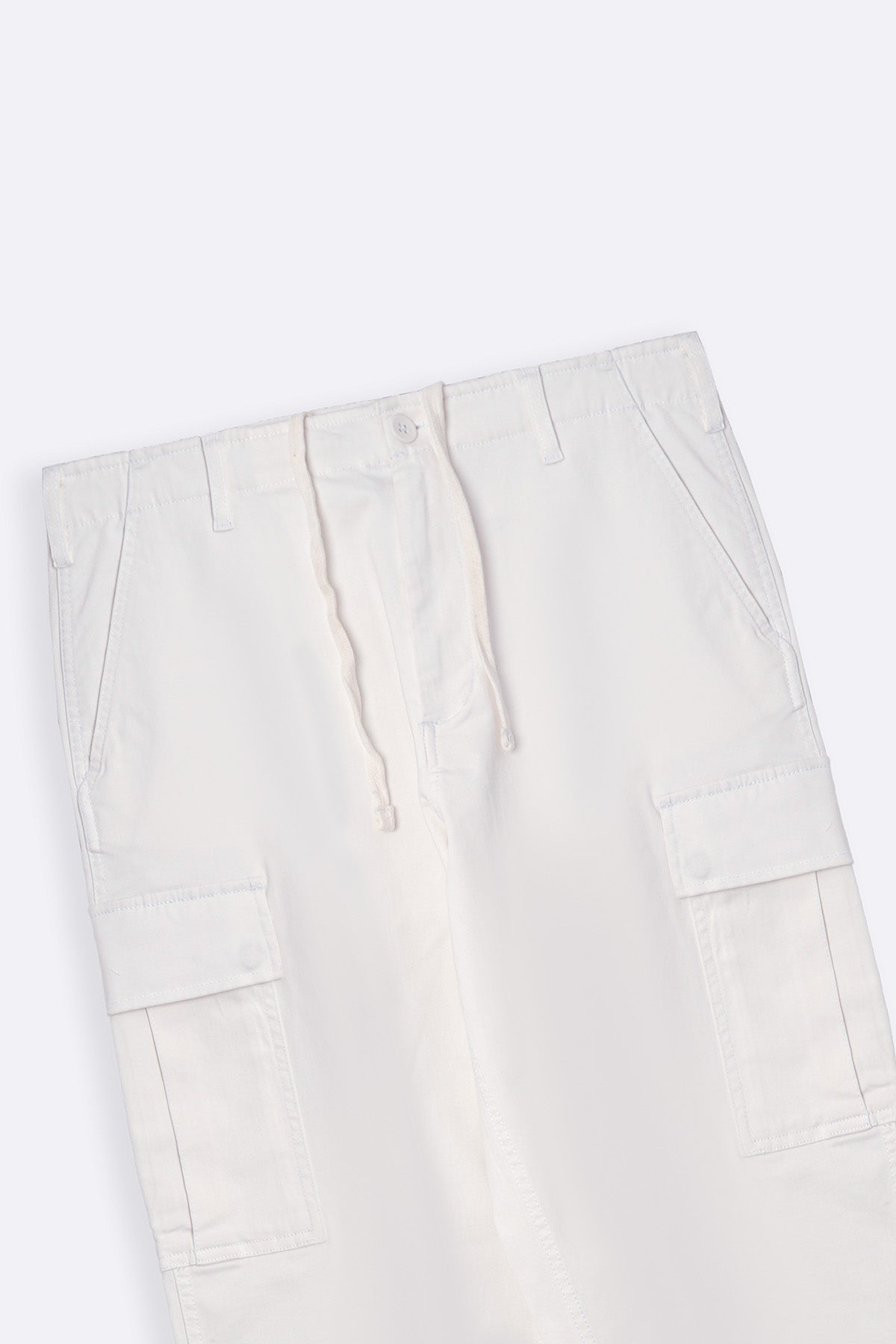 White Relaxed Fit Cargos with Six Pockets and Elastic Waistband