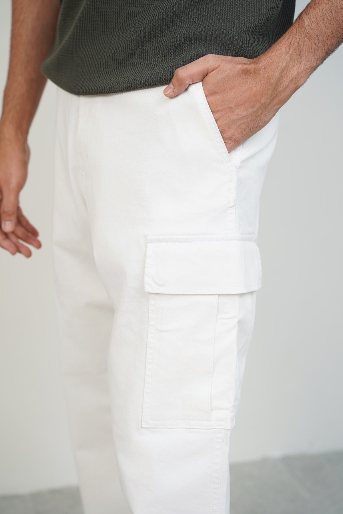 White Relaxed Fit Cargos with Six Pockets and Elastic Waistband