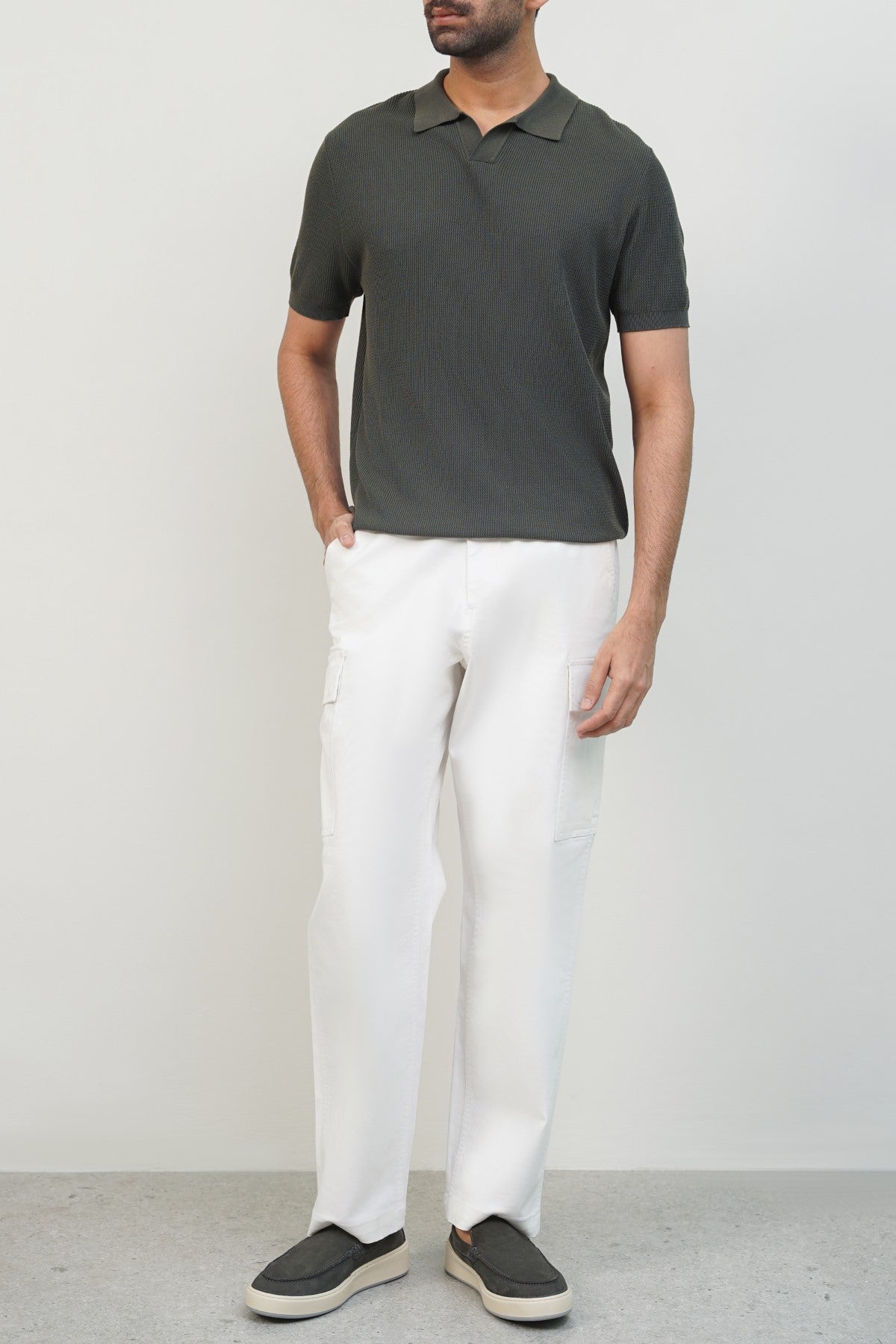 White Relaxed Fit Cargos with Six Pockets and Elastic Waistband