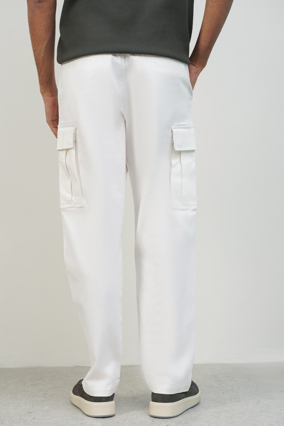 White Relaxed Fit Cargos with Six Pockets and Elastic Waistband