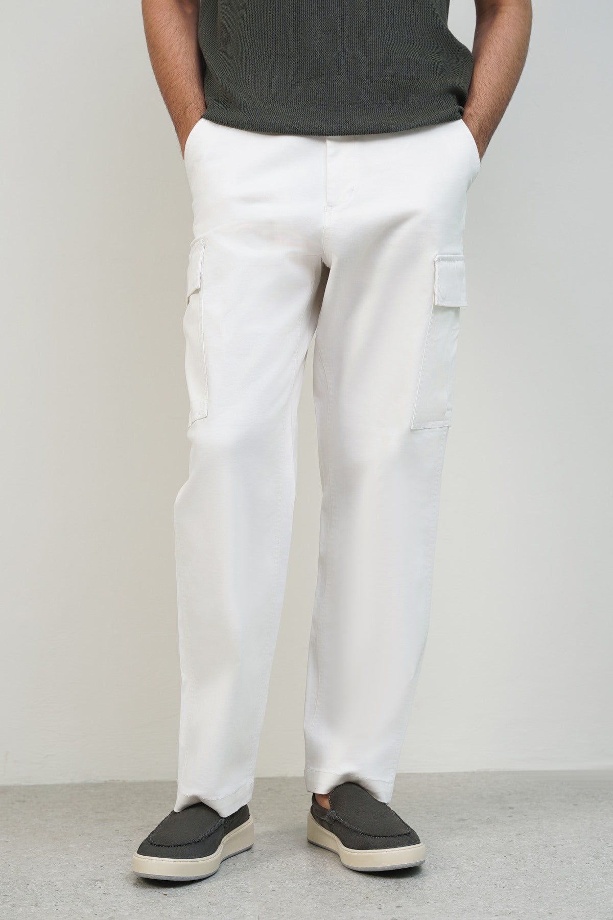 White Relaxed Fit Cargos with Six Pockets and Elastic Waistband
