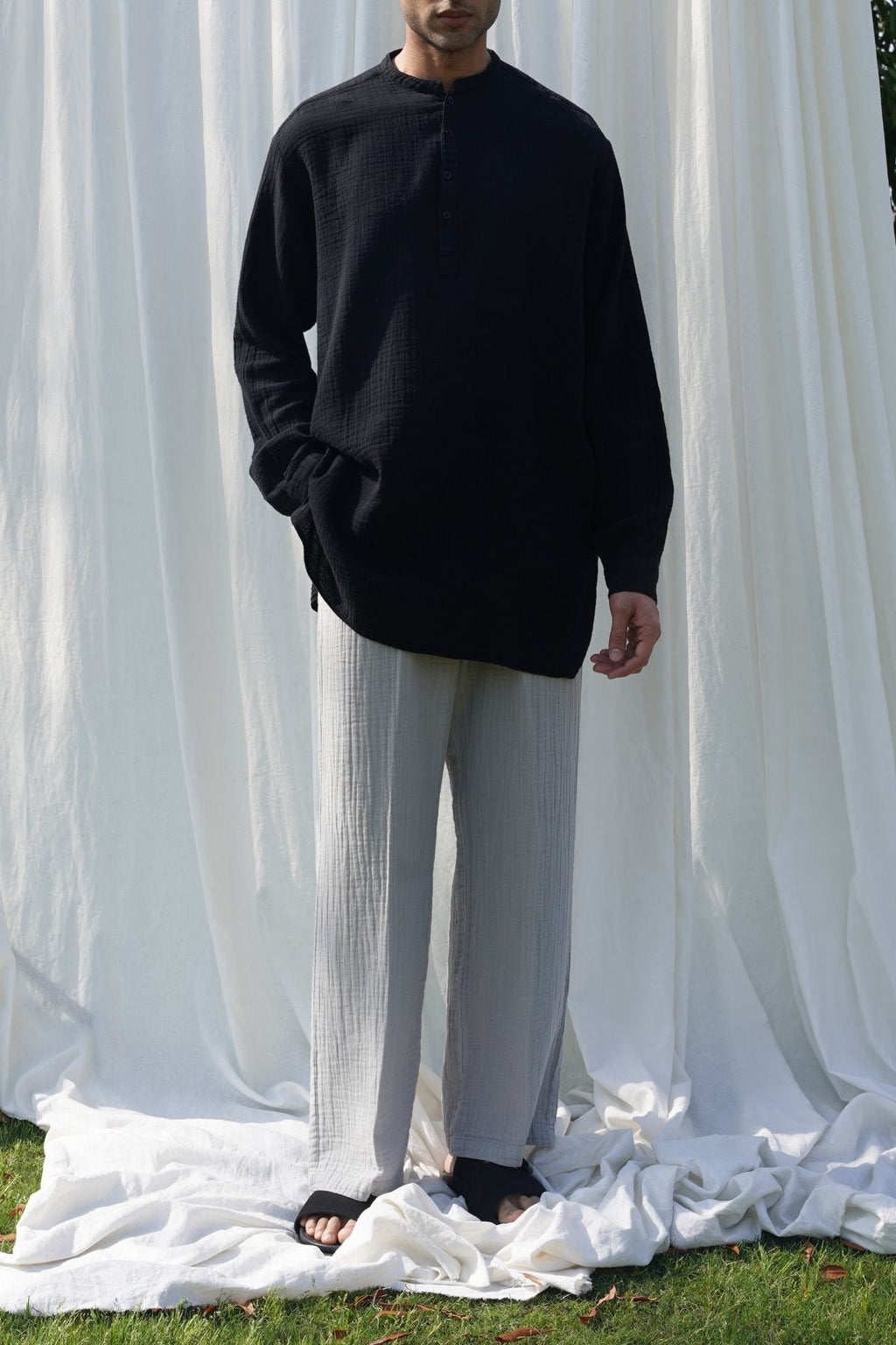 Grey Relaxed Fit Muslin Trousers with Cross Pockets and Pleats – Cool Havn