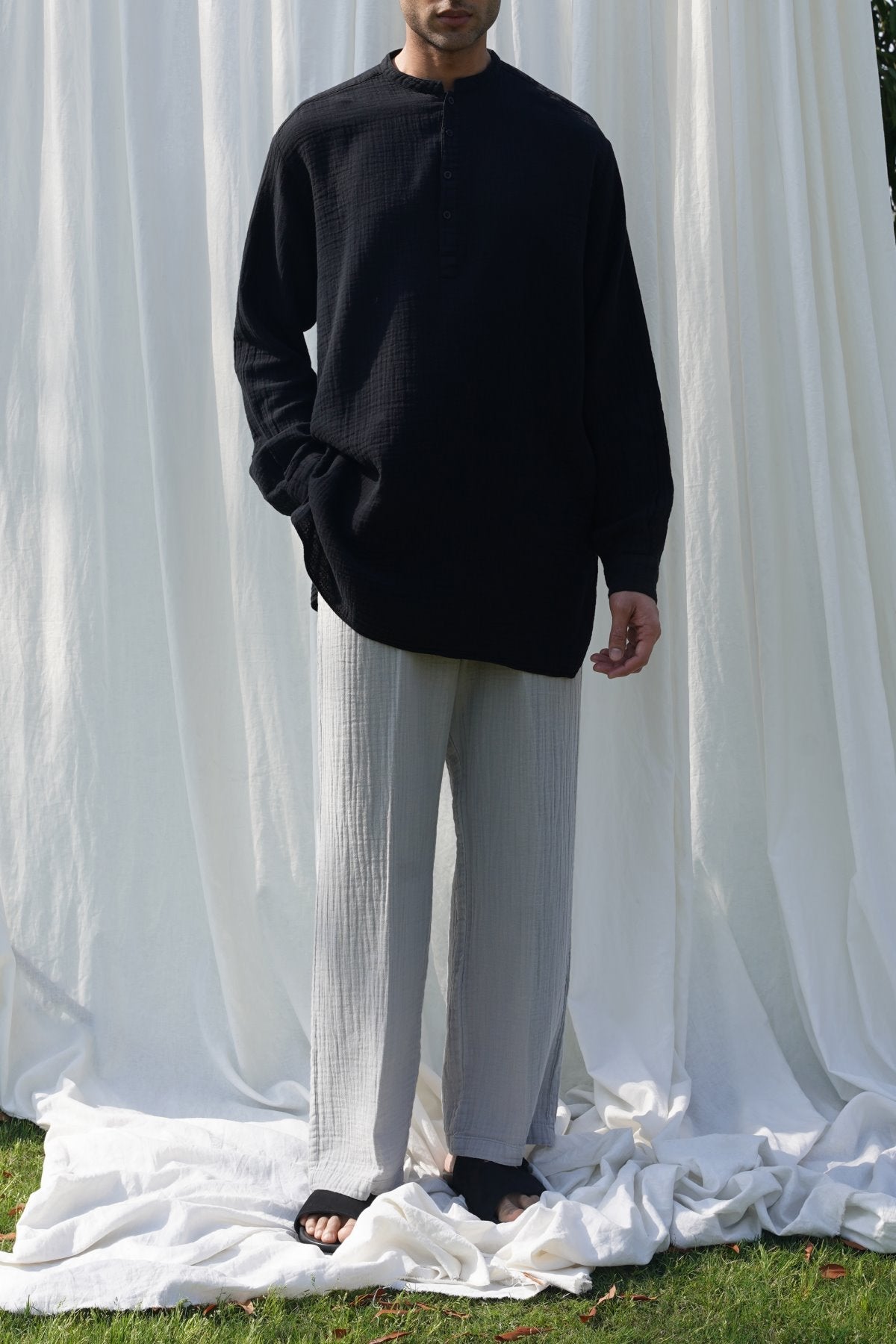 Grey Relaxed Fit Muslin Trousers with Cross Pockets and Pleats