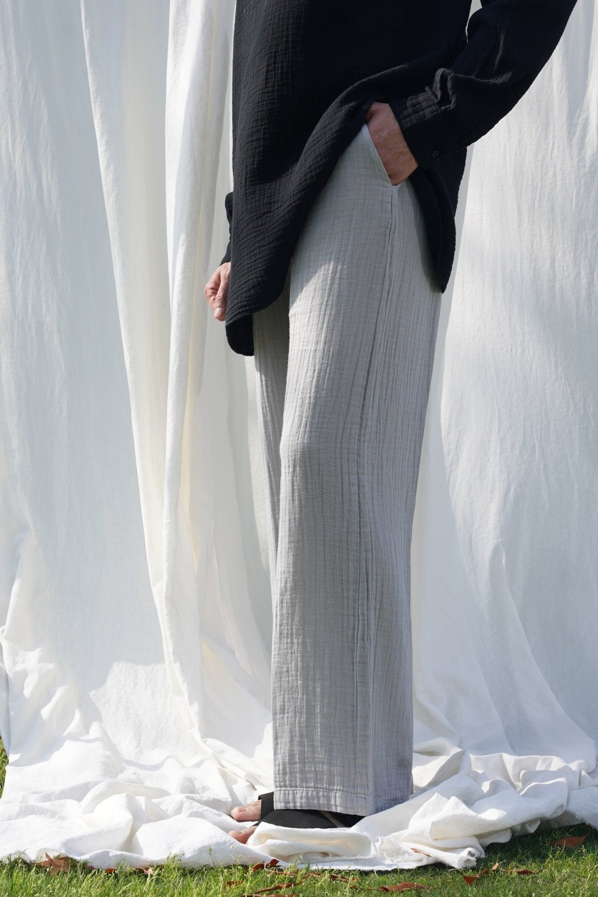 Grey Relaxed Fit Muslin Trousers with Cross Pockets and Pleats
