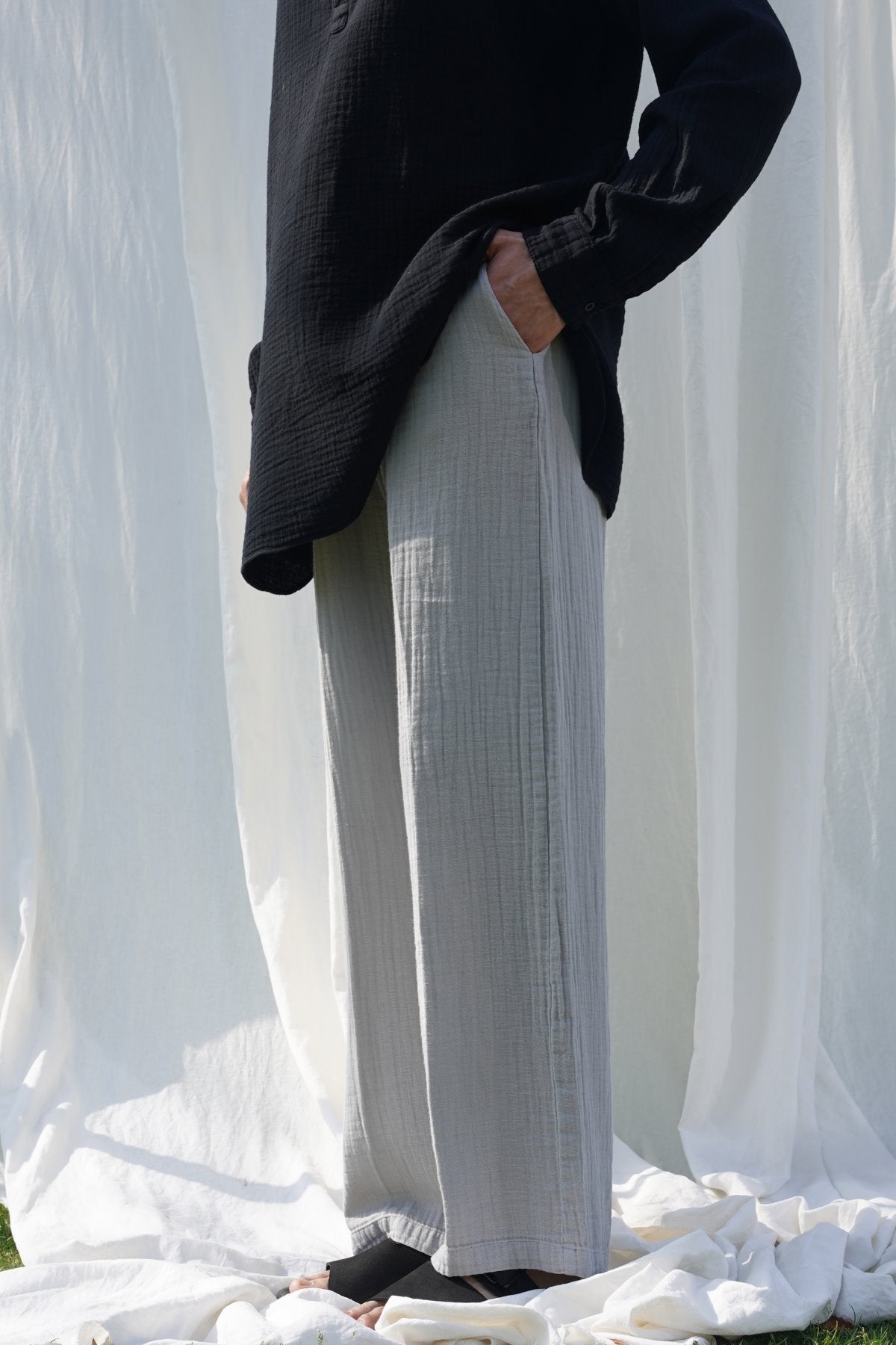 Grey Relaxed Fit Muslin Trousers with Cross Pockets and Pleats