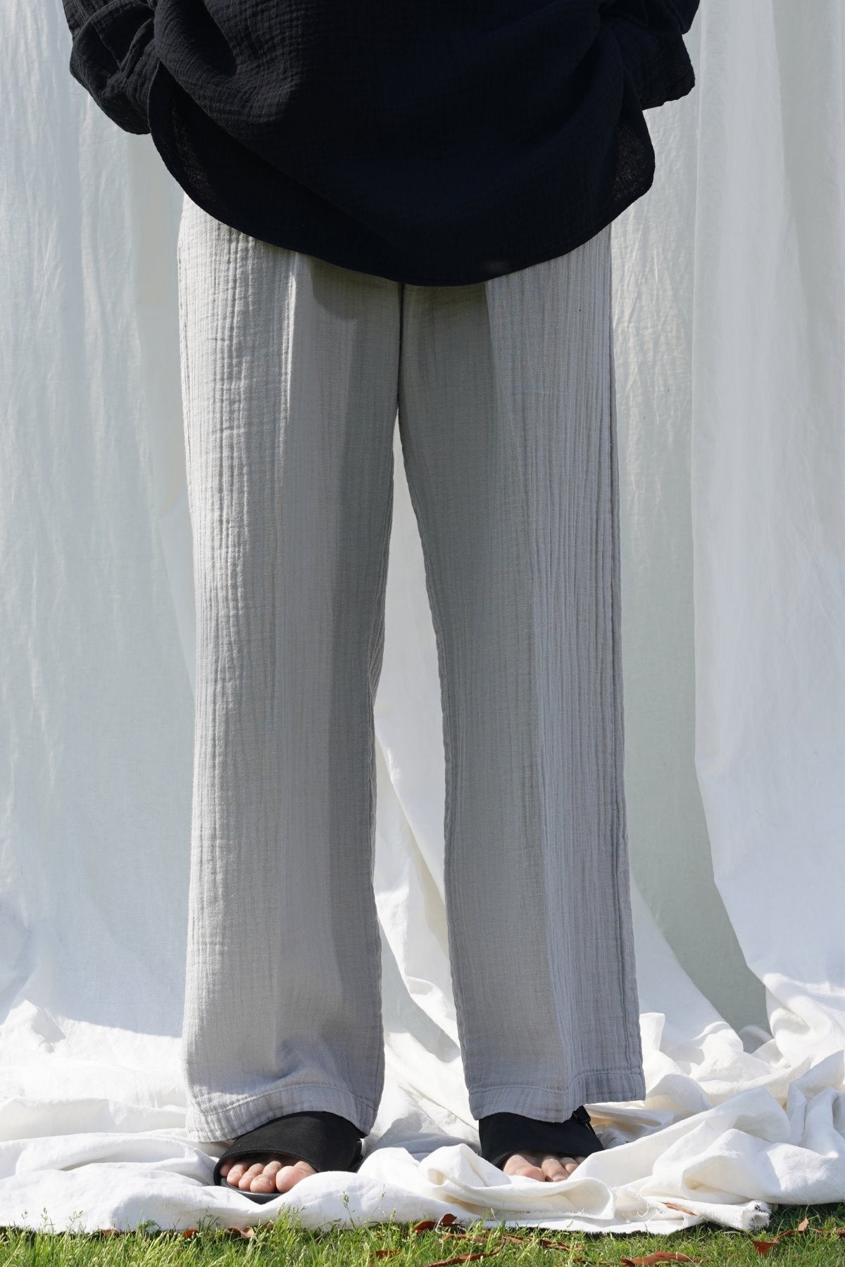 Grey Relaxed Fit Muslin Trousers with Cross Pockets and Pleats