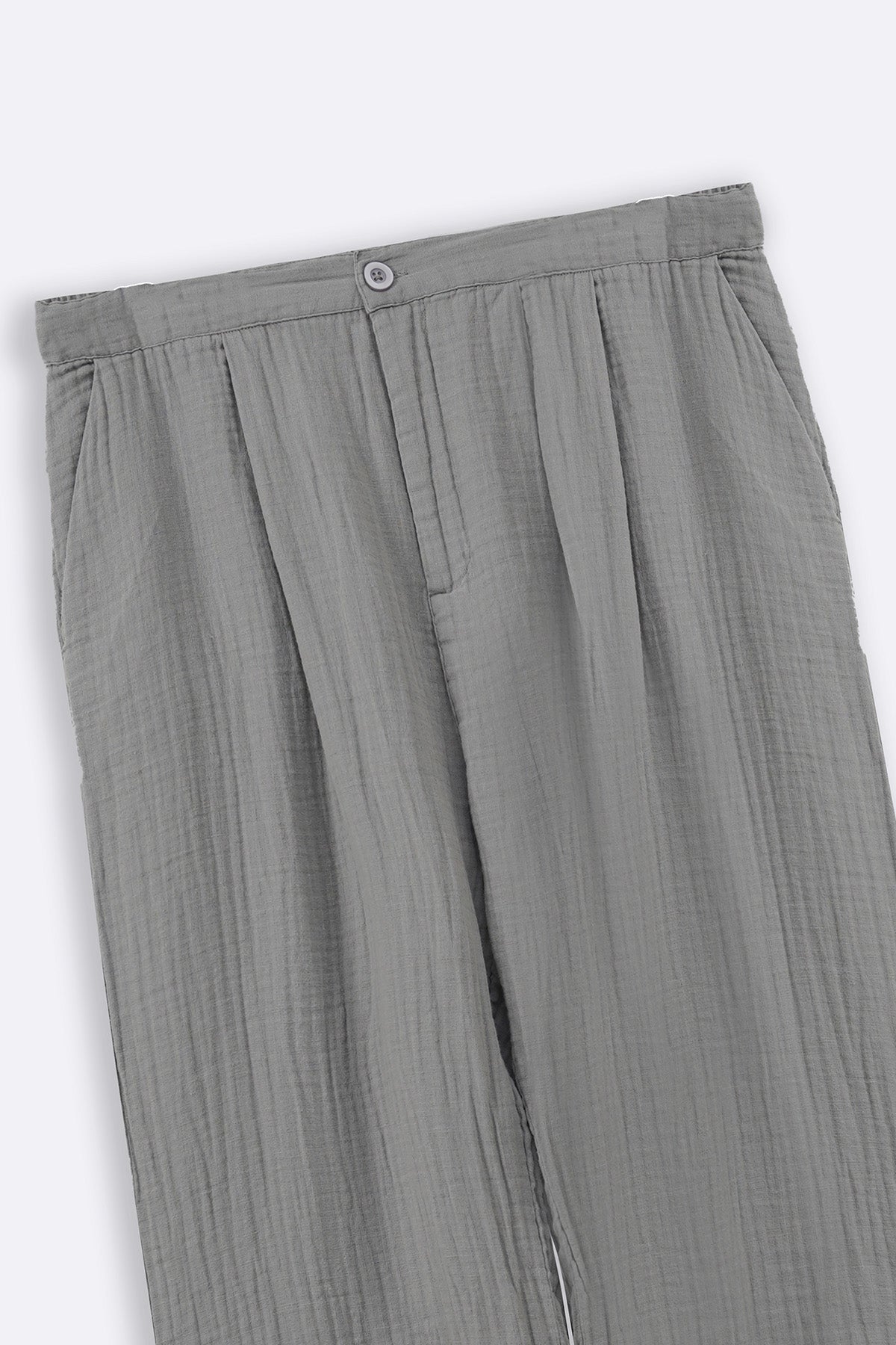 Grey Relaxed Fit Muslin Trousers with Cross Pockets and Pleats