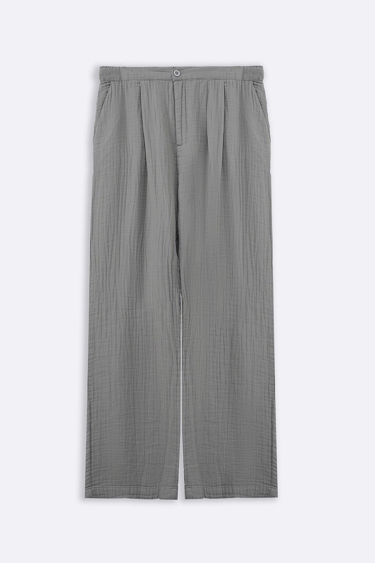 Grey Relaxed Fit Muslin Trousers with Cross Pockets and Pleats
