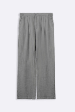 Grey Relaxed Fit Muslin Trousers with Cross Pockets and Pleats – Cool Havn