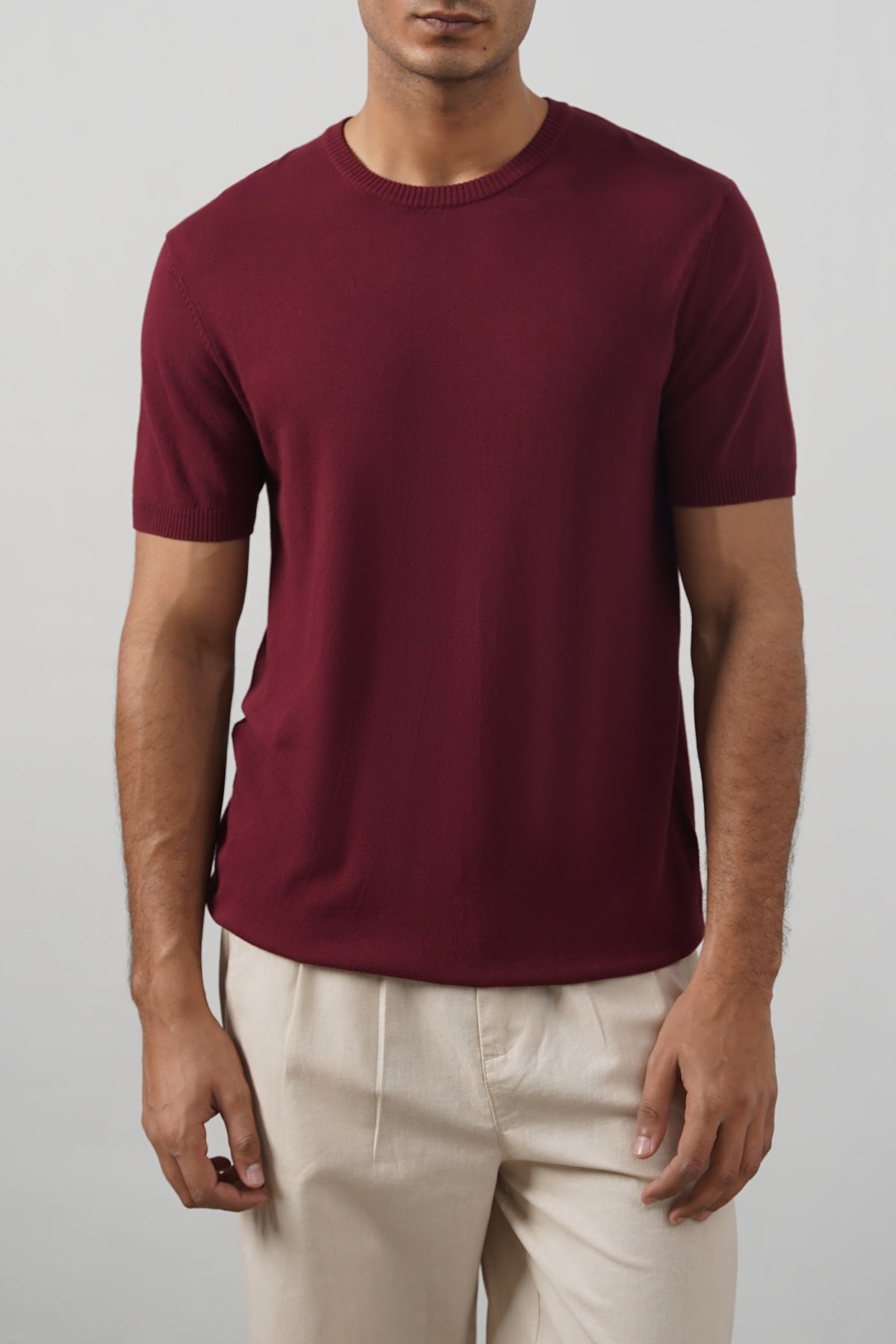 Maroon Fitted Crew Neck T-Shirt with Ribbed Detail - Regular Hand Feel