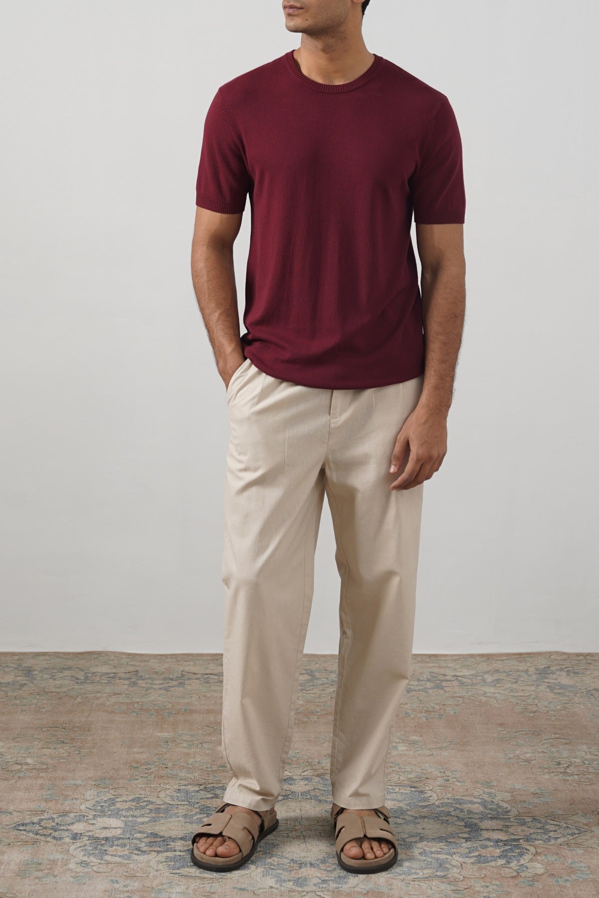 Maroon Fitted Crew Neck T-Shirt with Ribbed Detail - Regular Hand Feel