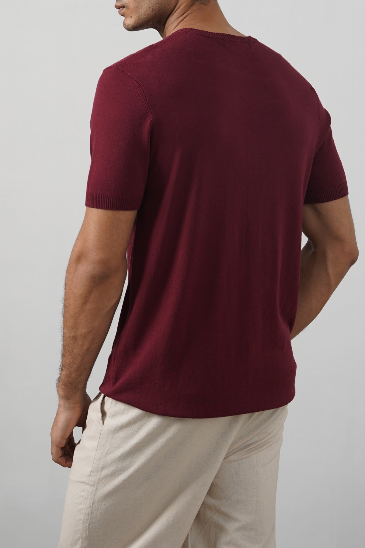 Maroon Fitted Crew Neck T-Shirt with Ribbed Detail - Regular Hand Feel