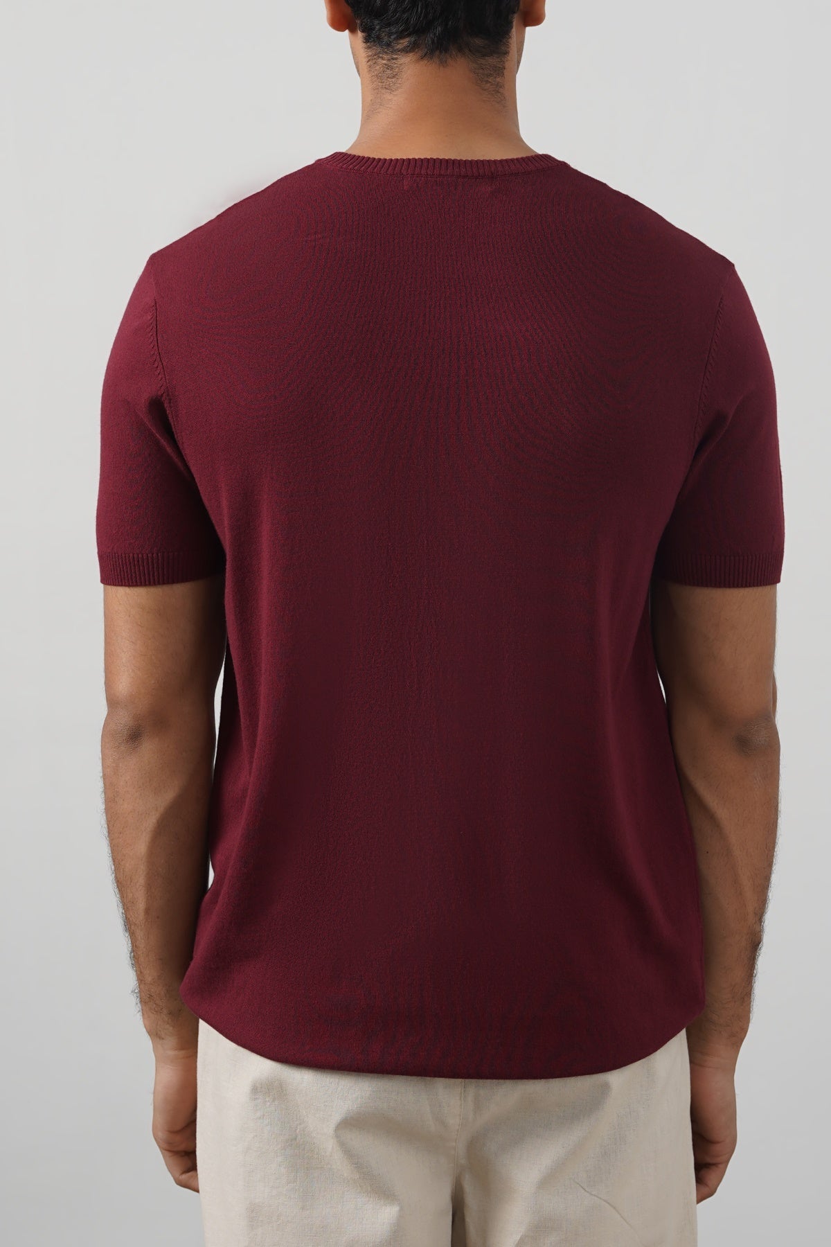Maroon Fitted Crew Neck T-Shirt with Ribbed Detail - Regular Hand Feel