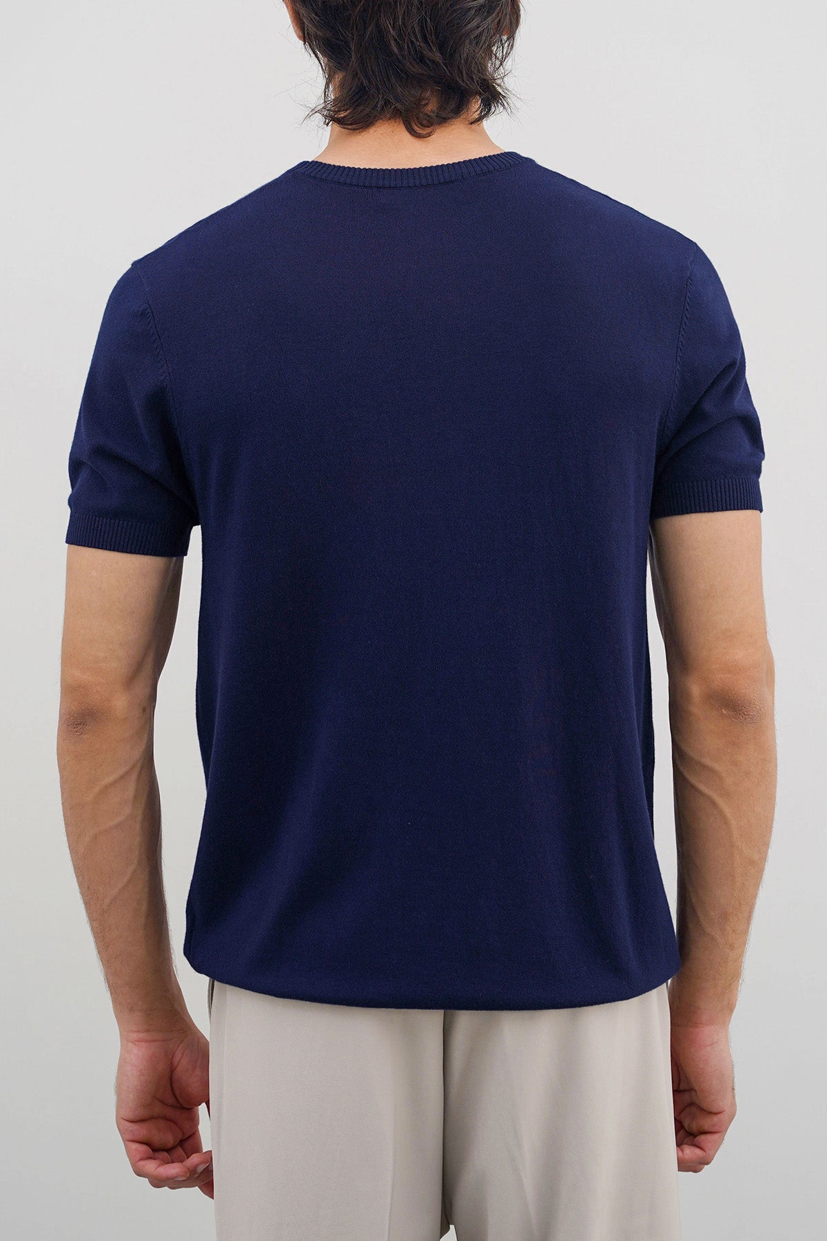 Navy Fitted Crew Neck T-Shirt with Ribbed Detail - Regular Hand Feel