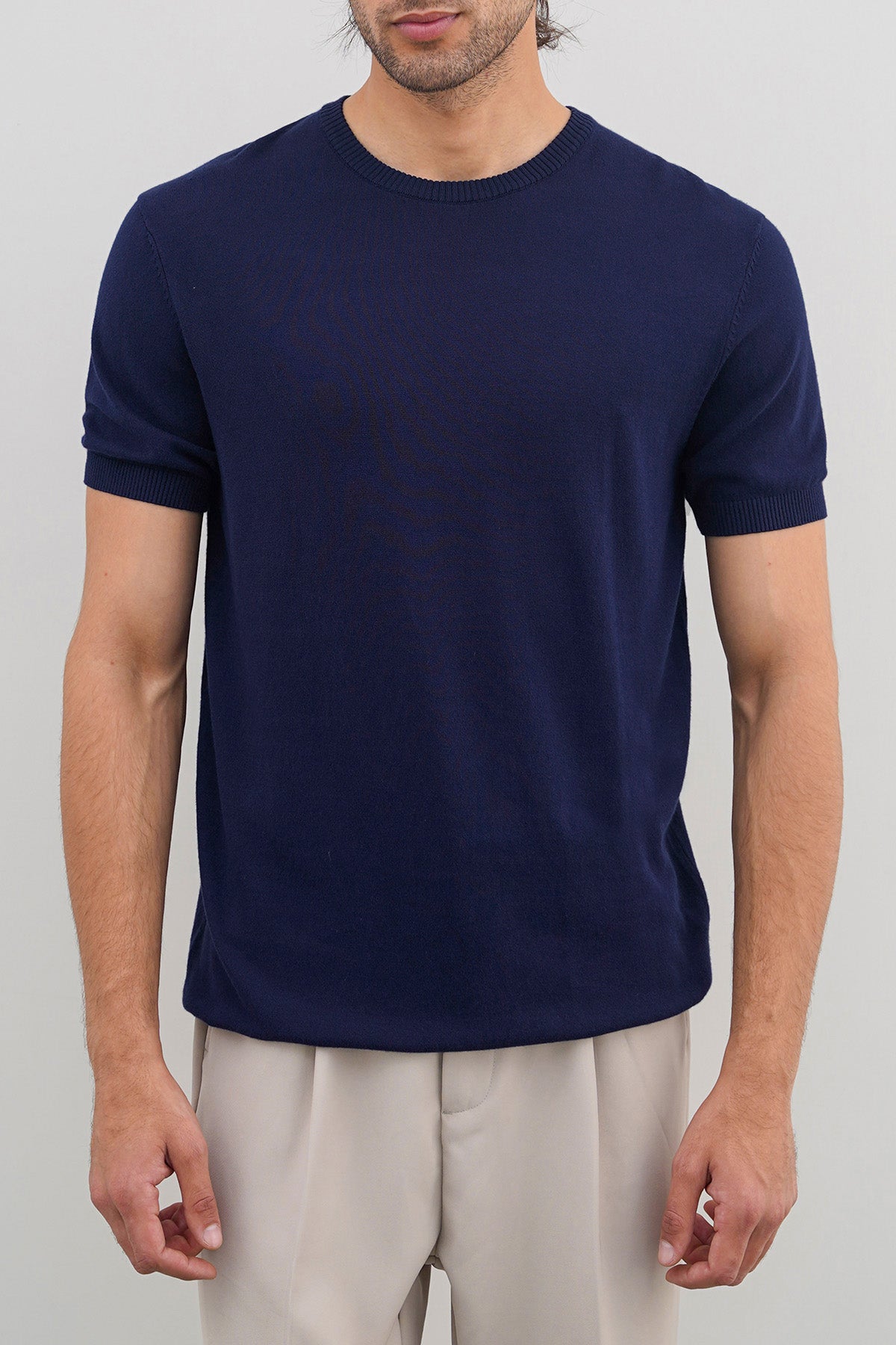 Navy Fitted Crew Neck T-Shirt with Ribbed Detail - Regular Hand Feel